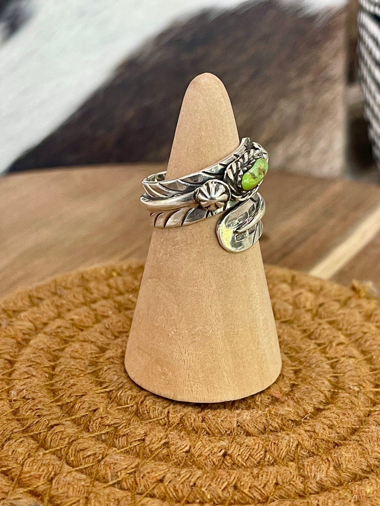 Handmade Sterling Silver & Sonoran Turquoise Adjustable Feather Ring