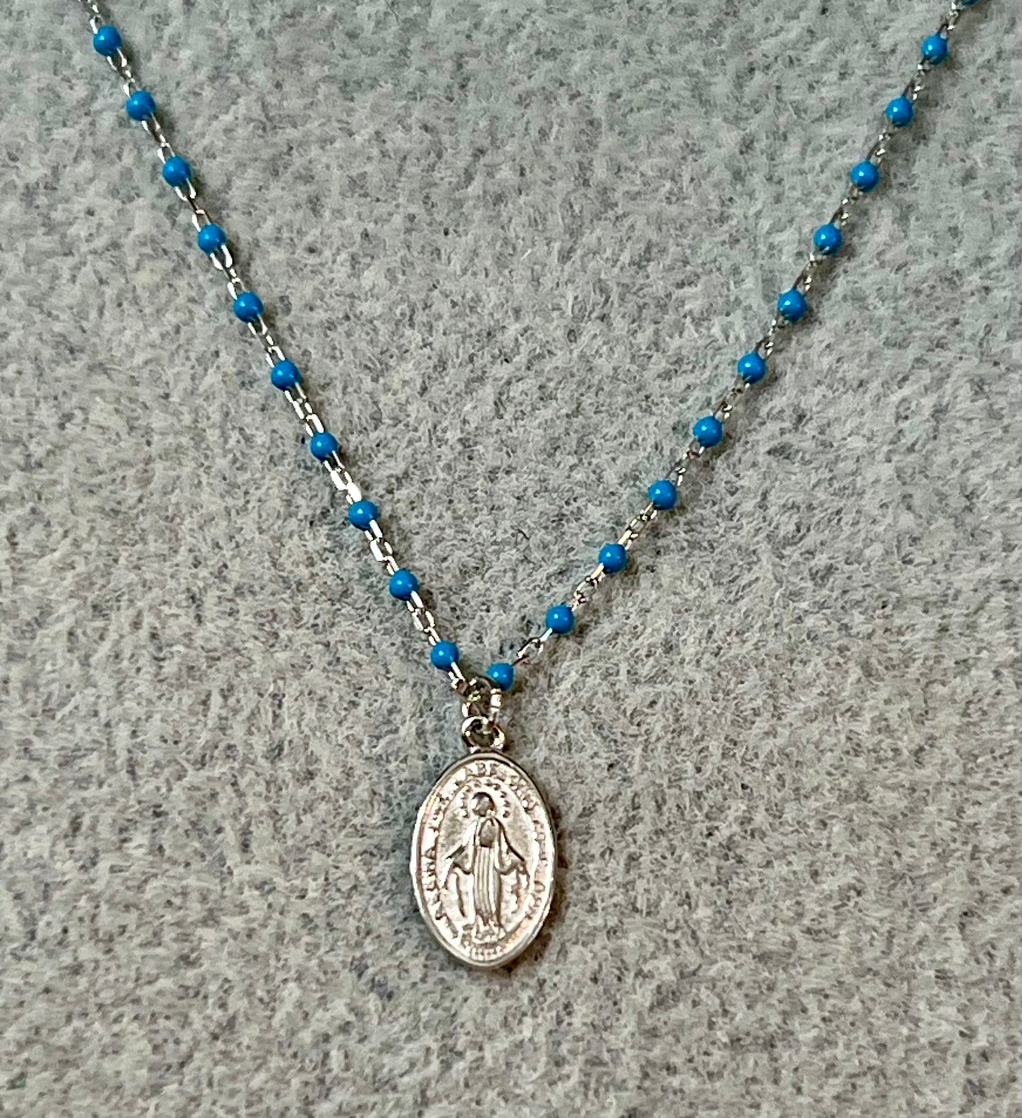Turquoise Chip Saint Mary Pendant Sterling Silver Necklace