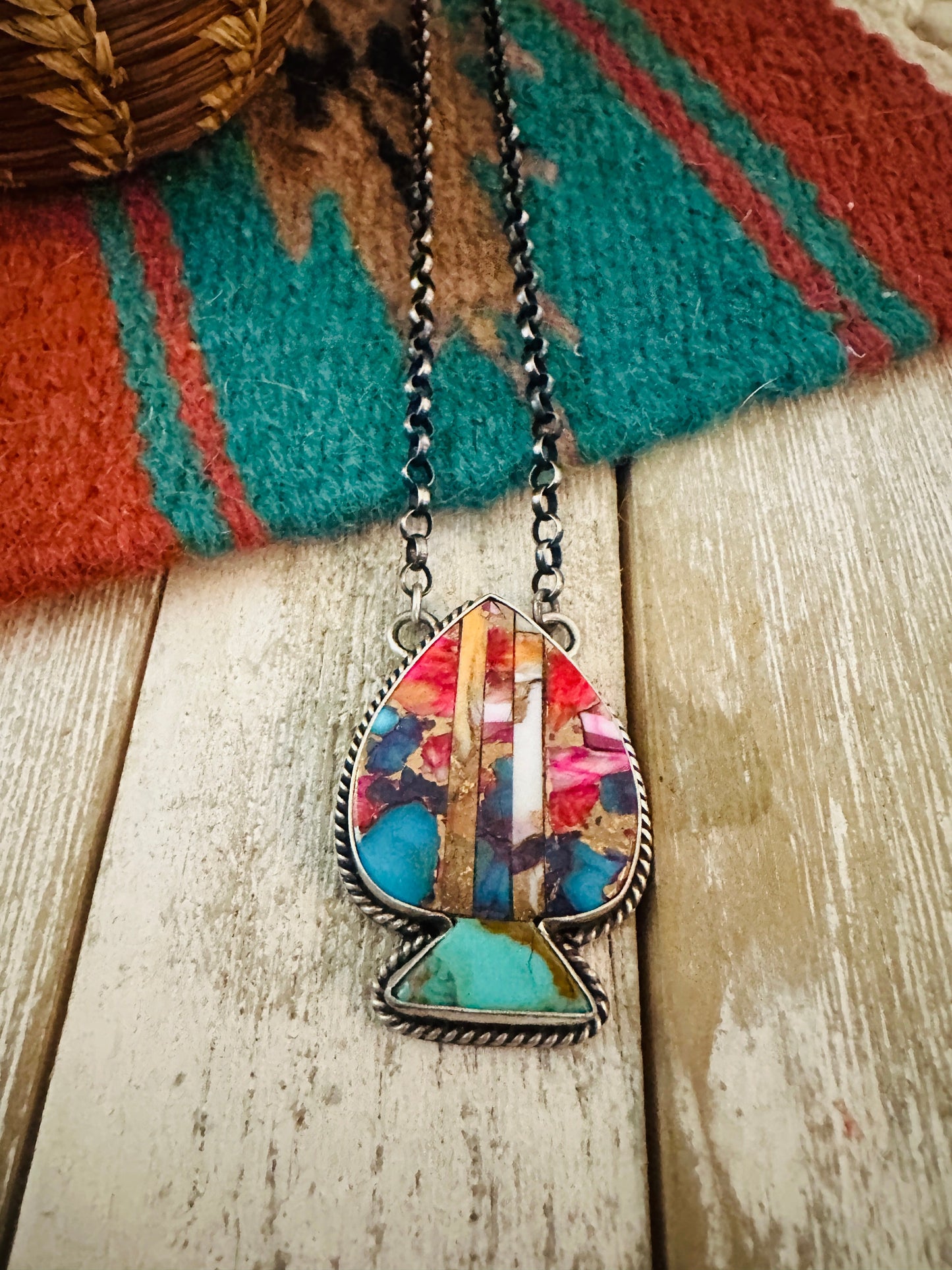 Handcrafted Sterling Silver & Multi Stone Inlay Spade Necklace