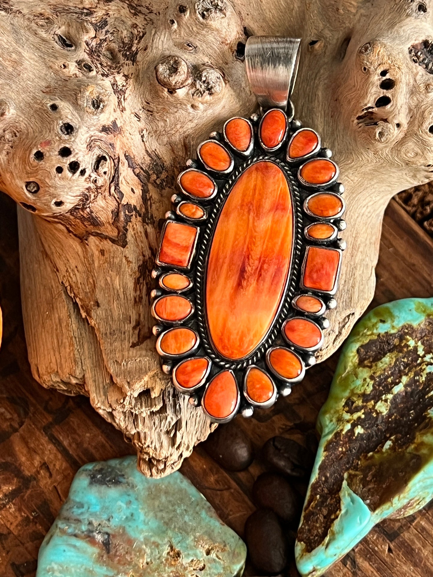 Handcrafted Sterling Silver and Spiny Oyster Shell Cluster Pendant by Loretta Delgarito