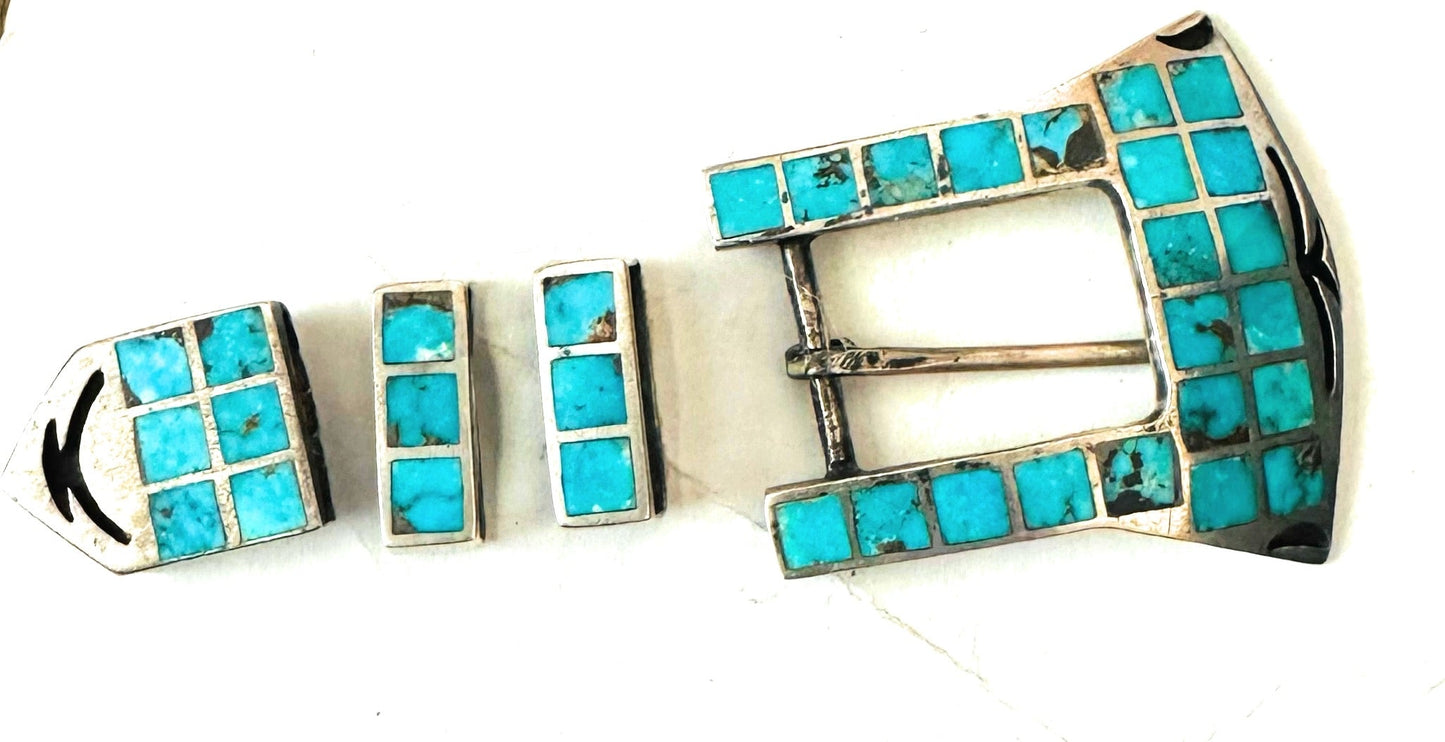Vintage Handcrafted Turquoise & Sterling Silver Horse Belt Buckle