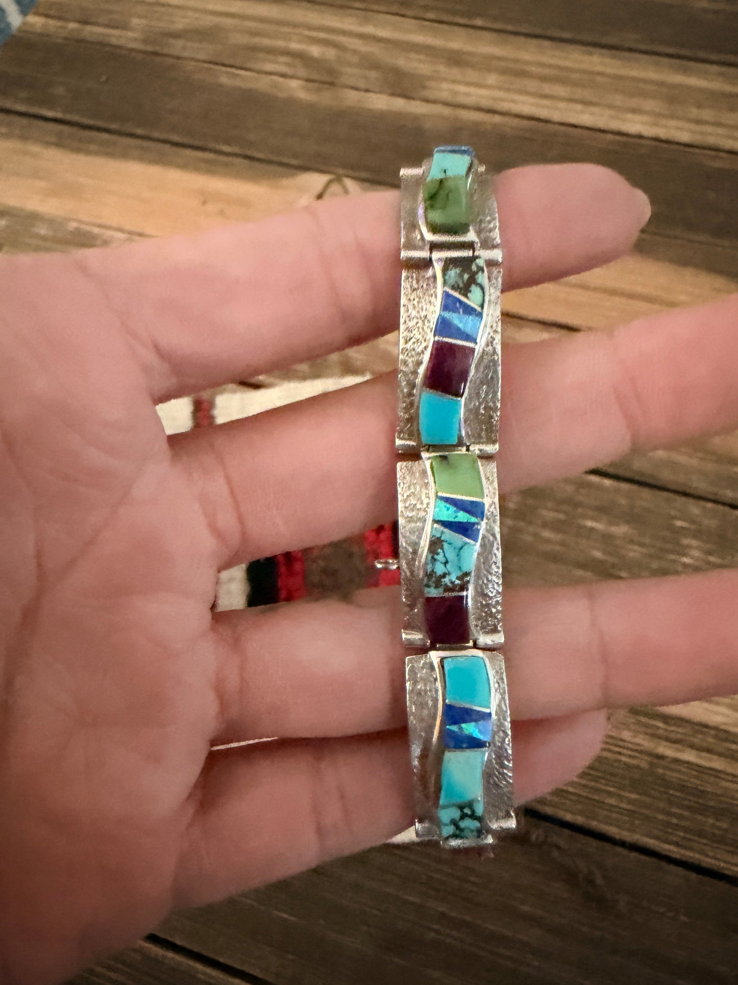 Handcrafted Old Pawn Sterling Silver & Multi Stone Inlay Link Bracelet