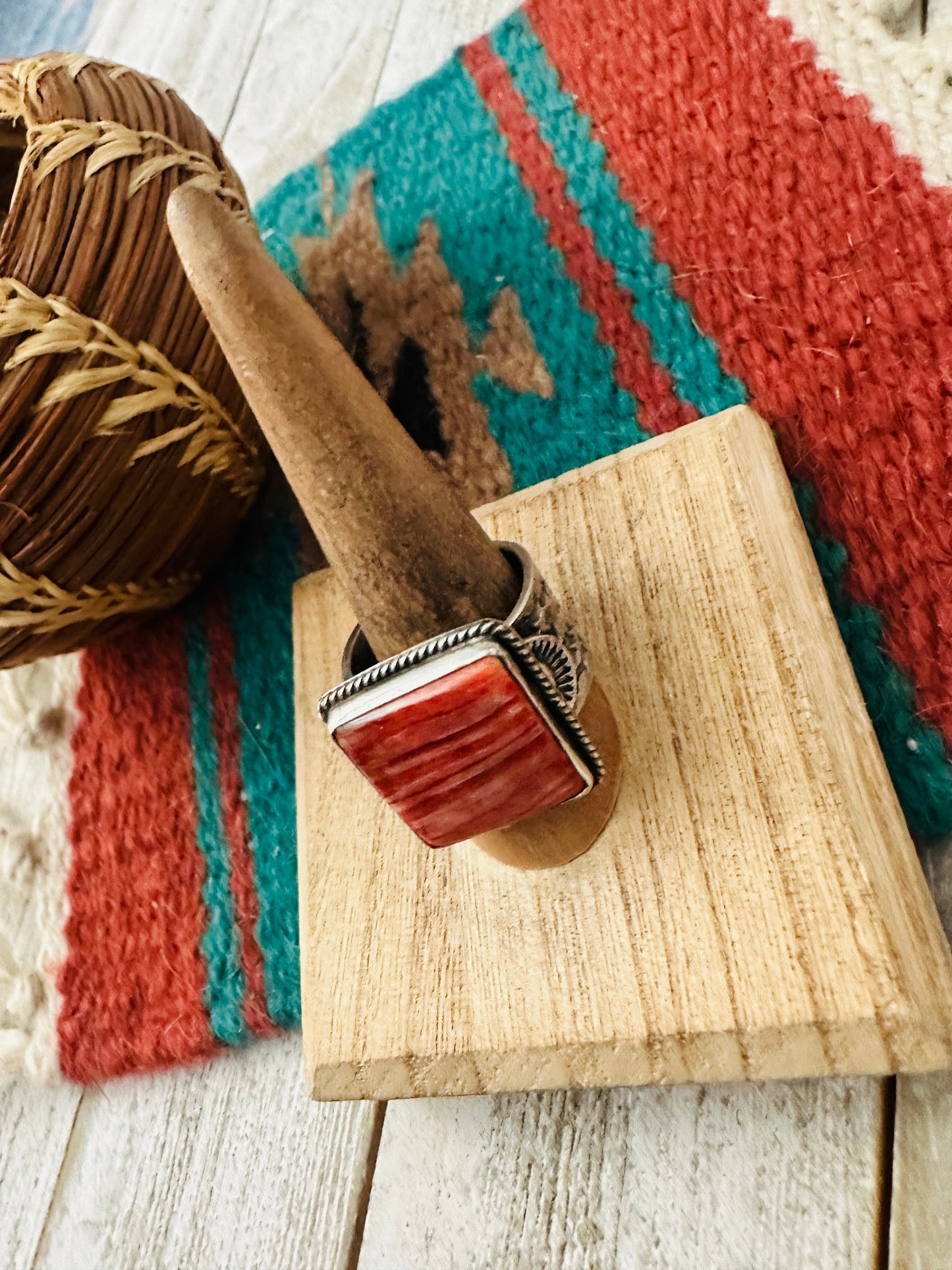 Navajo Sterling Silver & Spiny Oyster Cigar Band Ring Size 9.5