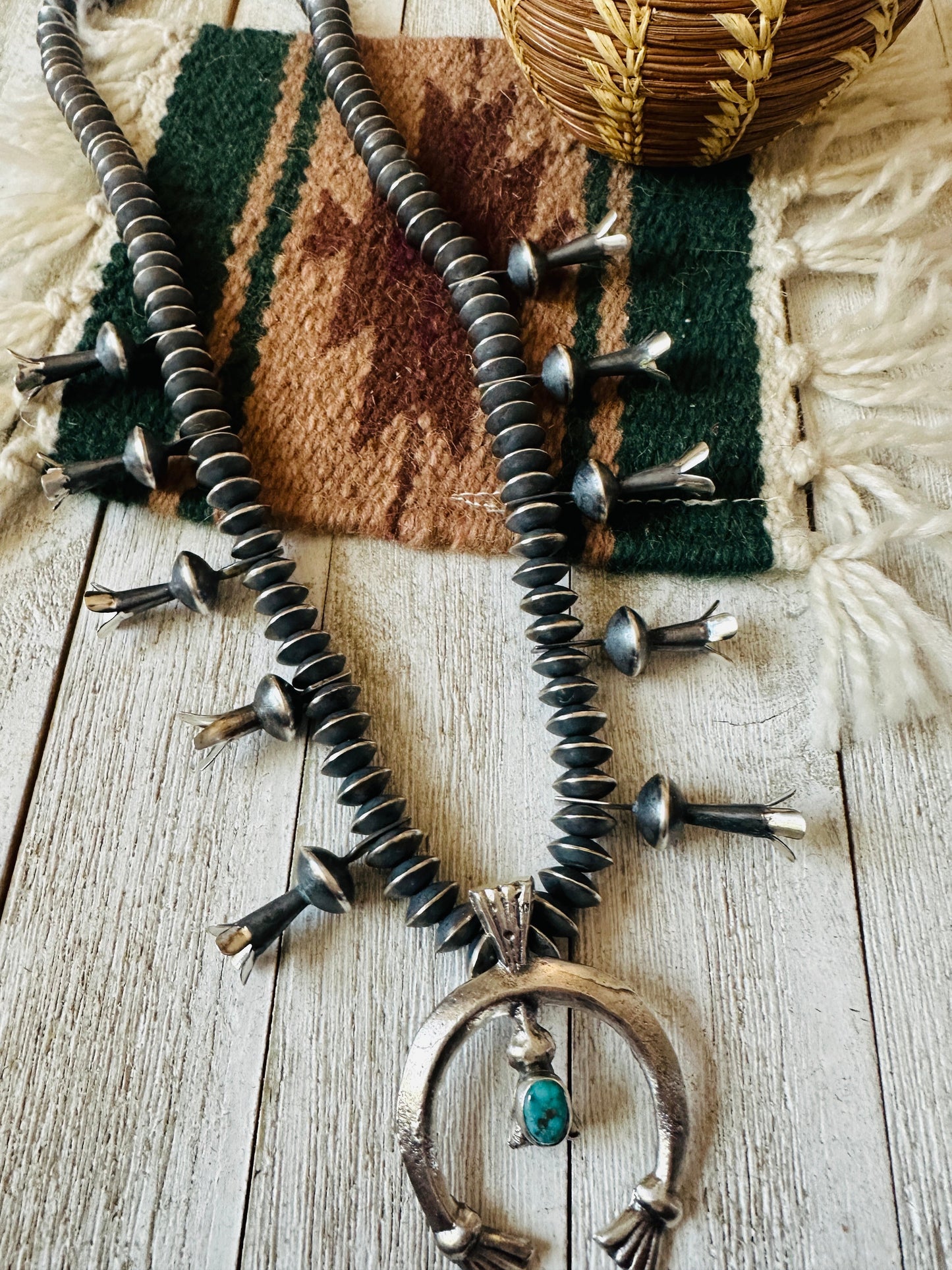 Handcrafted Turquoise & Sterling Silver Squash Blossom Necklace