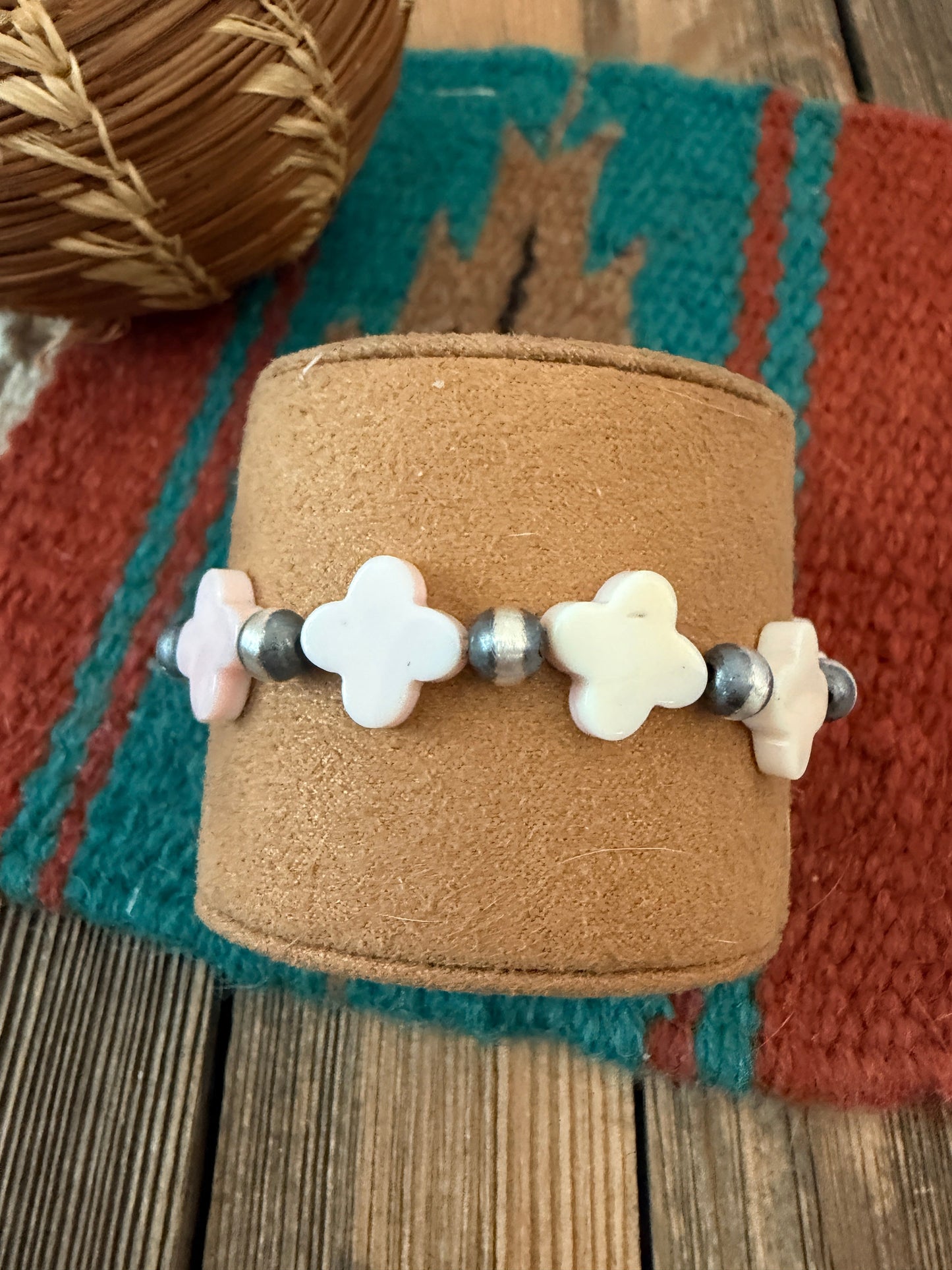 Handcrafted Queen Pink Conch & Sterling Silver Pearl Cross Beaded Stretch Bracelet