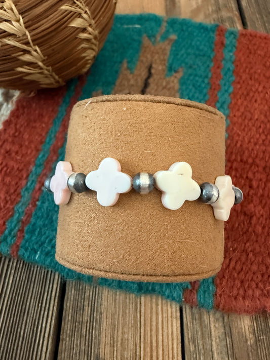 Handcrafted Queen Pink Conch & Sterling Silver Pearl Cross Beaded Stretch Bracelet