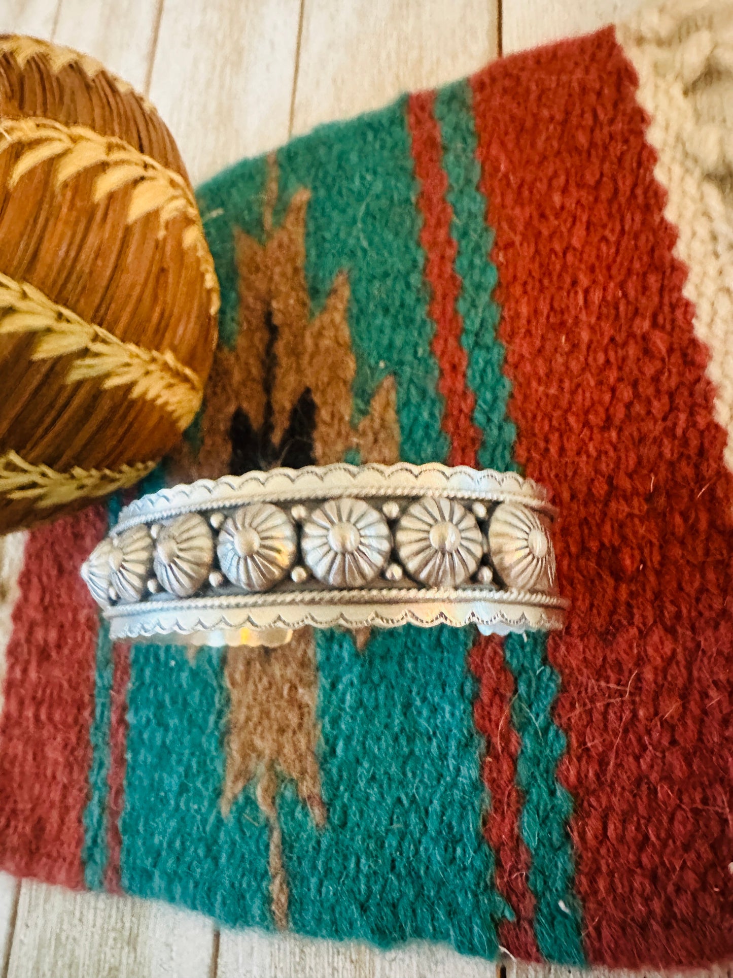 Hand Stamped Sterling Silver Concho Cuff Bracelet