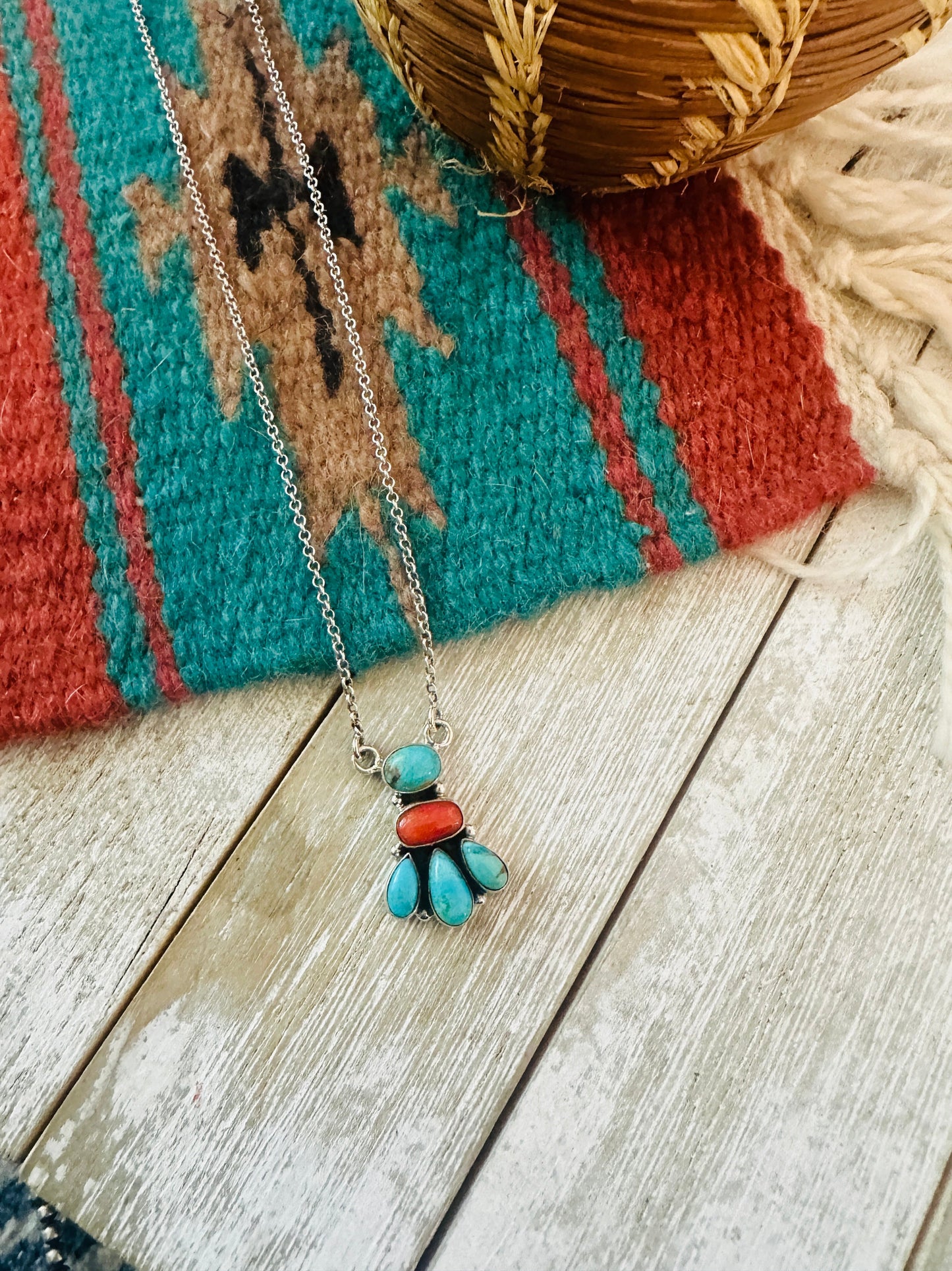 ** Christmas Collection ** Handmade Sterling Silver, Turquoise & Coral Necklace Signed Nizhoni