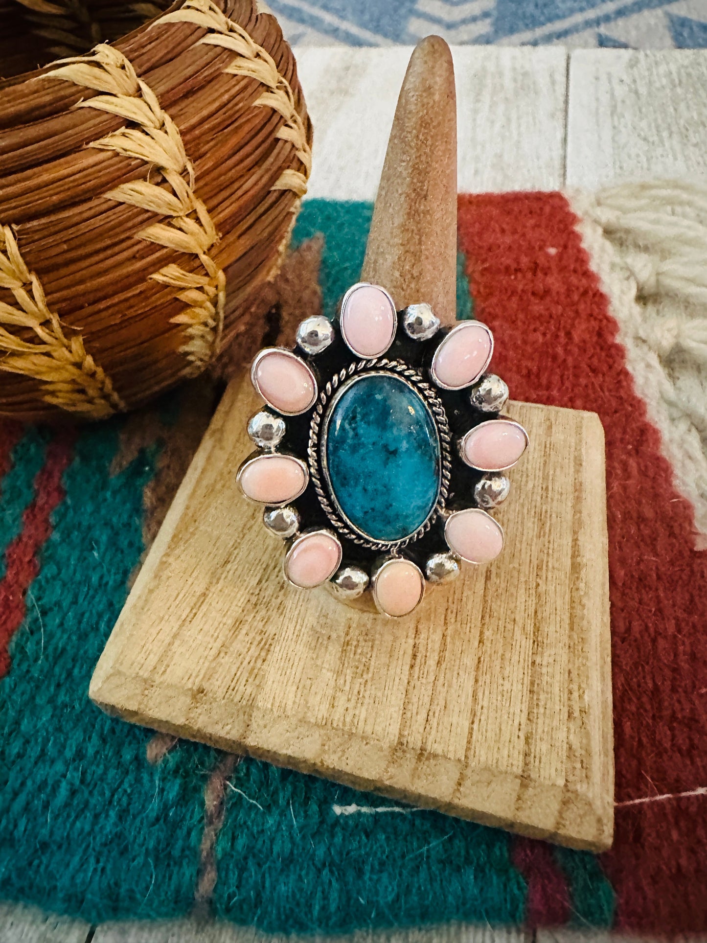 Handcrafted Sterling Silver, Queen Pink Conch & Turquoise Cluster Adjustable Ring