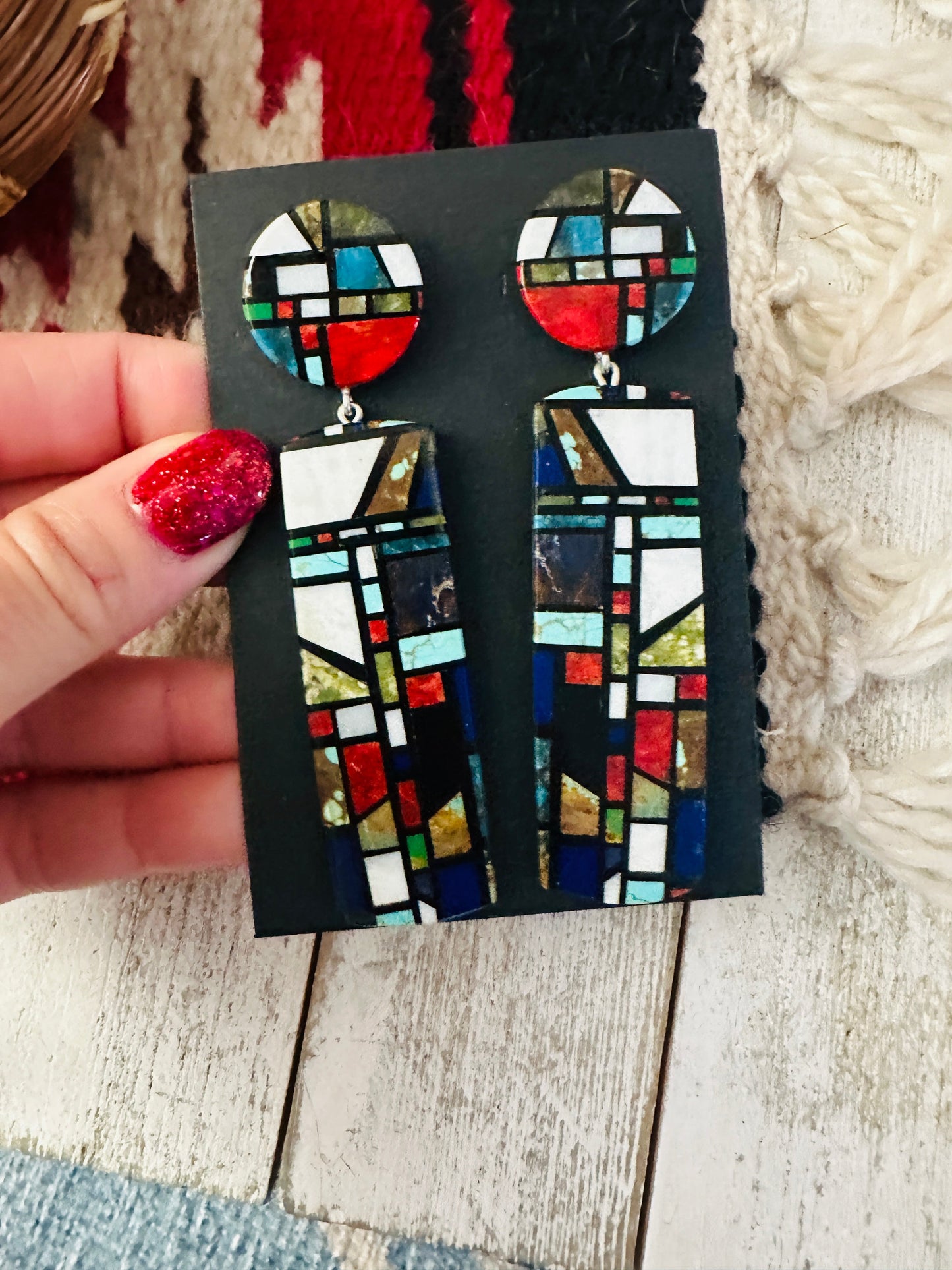 Handcrafted Multi Stone Inlay Dangle Earrings