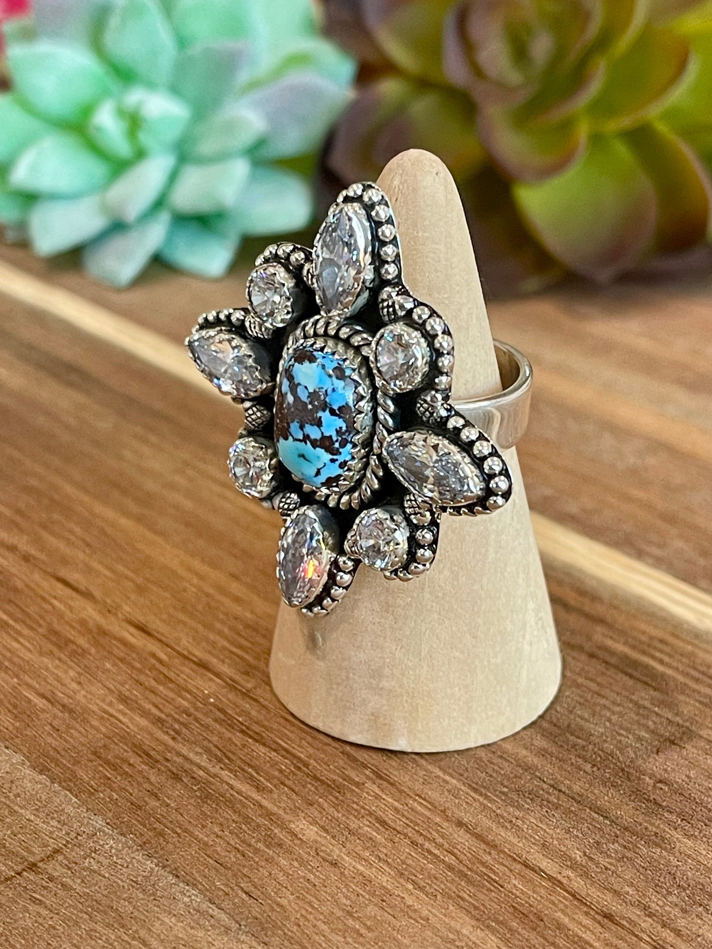 Beautiful Handmade Golden Hills Turquoise, Cubic Zirconia And Sterling Silver Adjustable Cluster Ring