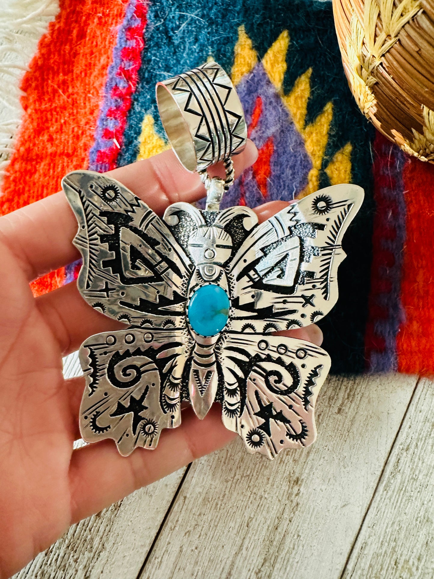 Handcrafted Turquoise & Sterling Silver Butterfly Pendant Signed Richard Singer