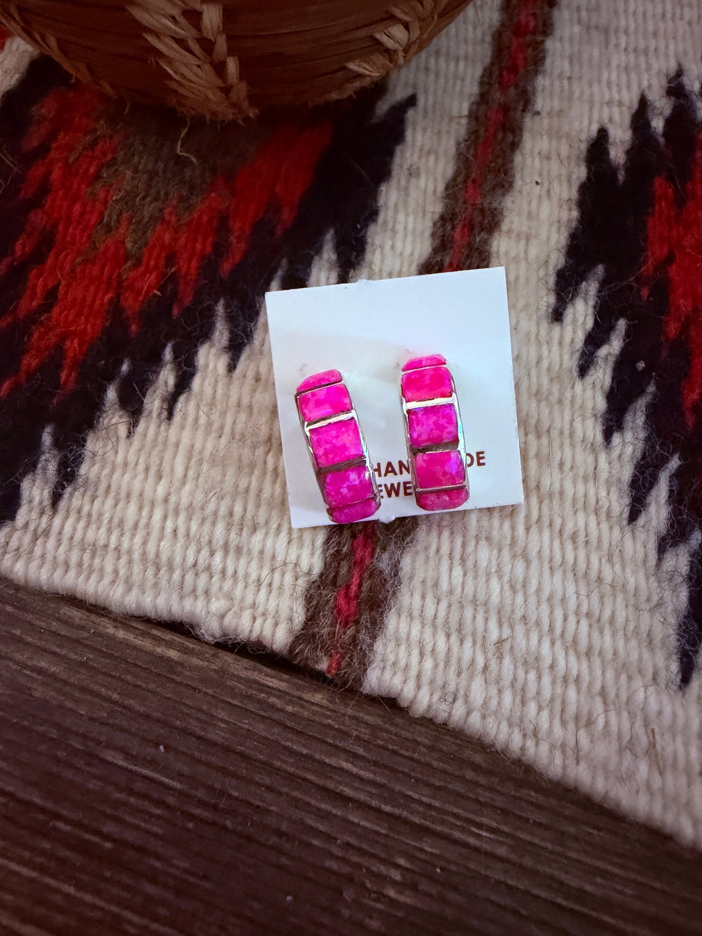 Handcrafted Sterling Silver & Pink Opal Inlay Hoop Earrings