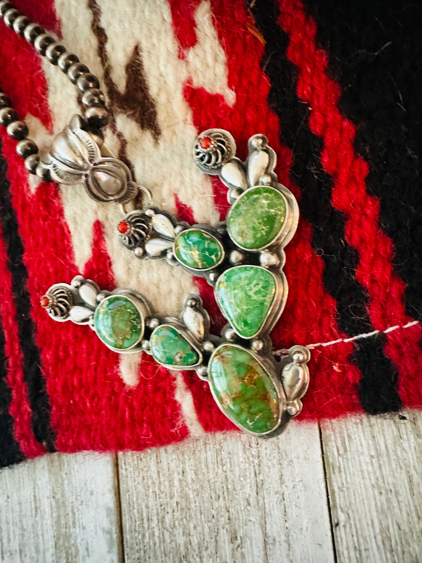 Handcrafted Turquoise, Coral and Sterling Silver Cactus Pendant by Charles Johnson