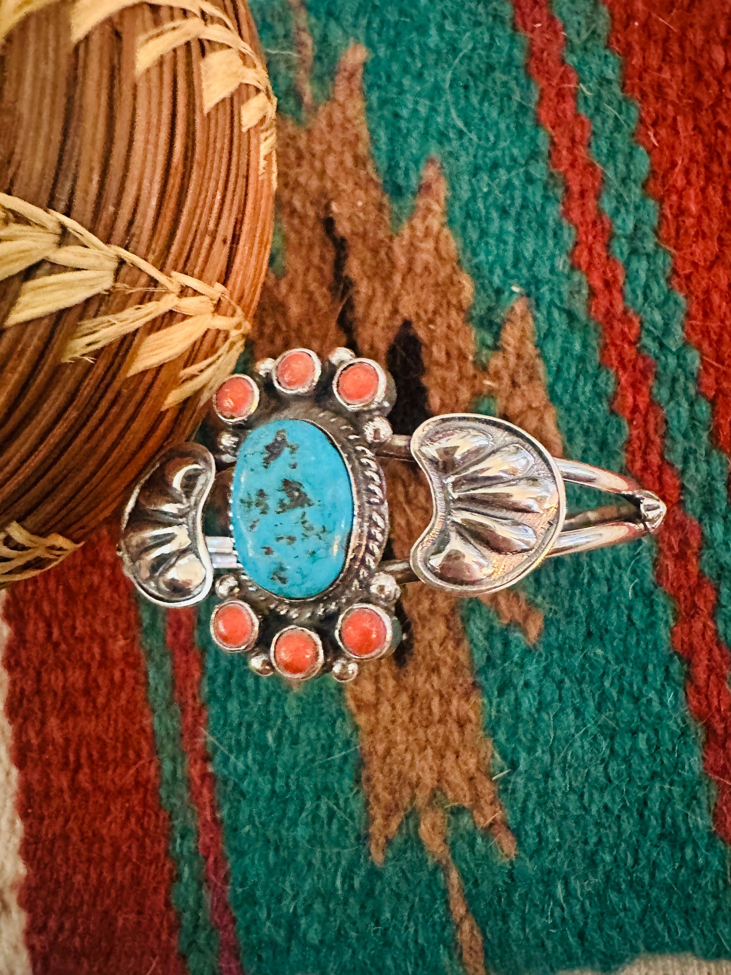 Handcrafted Turquoise, Coral & Sterling Silver Cluster Cuff Bracelet