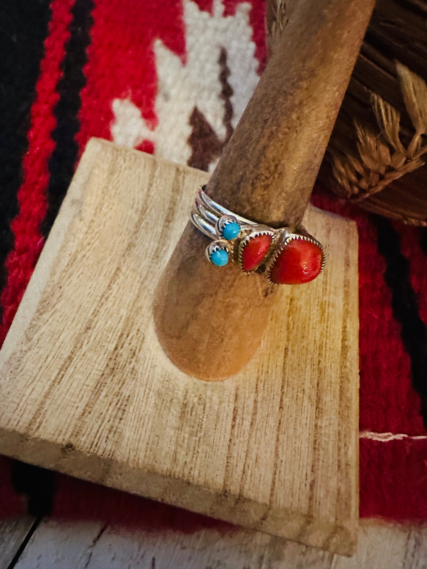 Handcrafted Coral, Turquoise & Sterling Silver Inlay Ring Size 7