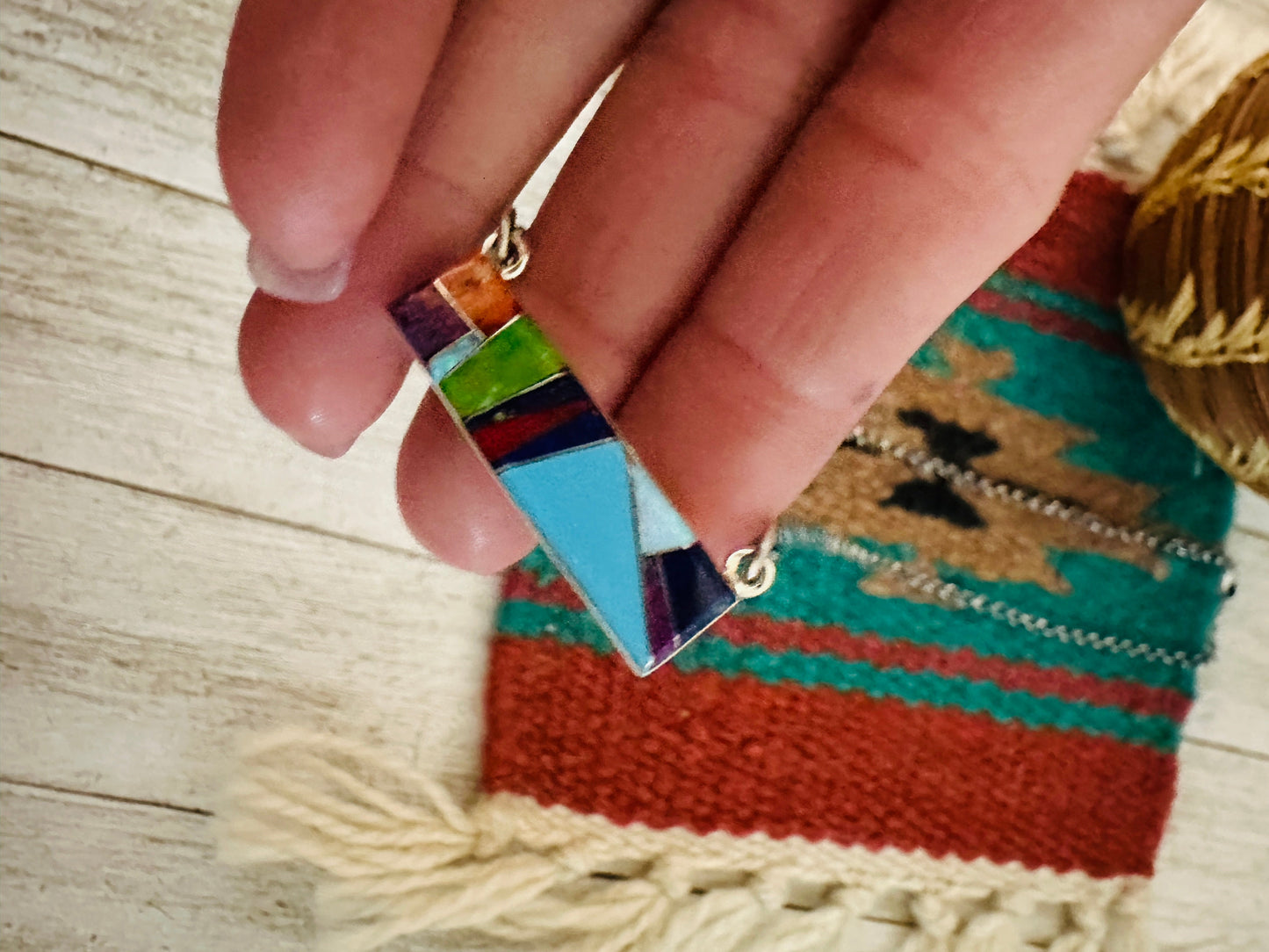 Handcrafted Multi Stone & Sterling Silver Inlay Bar Necklace