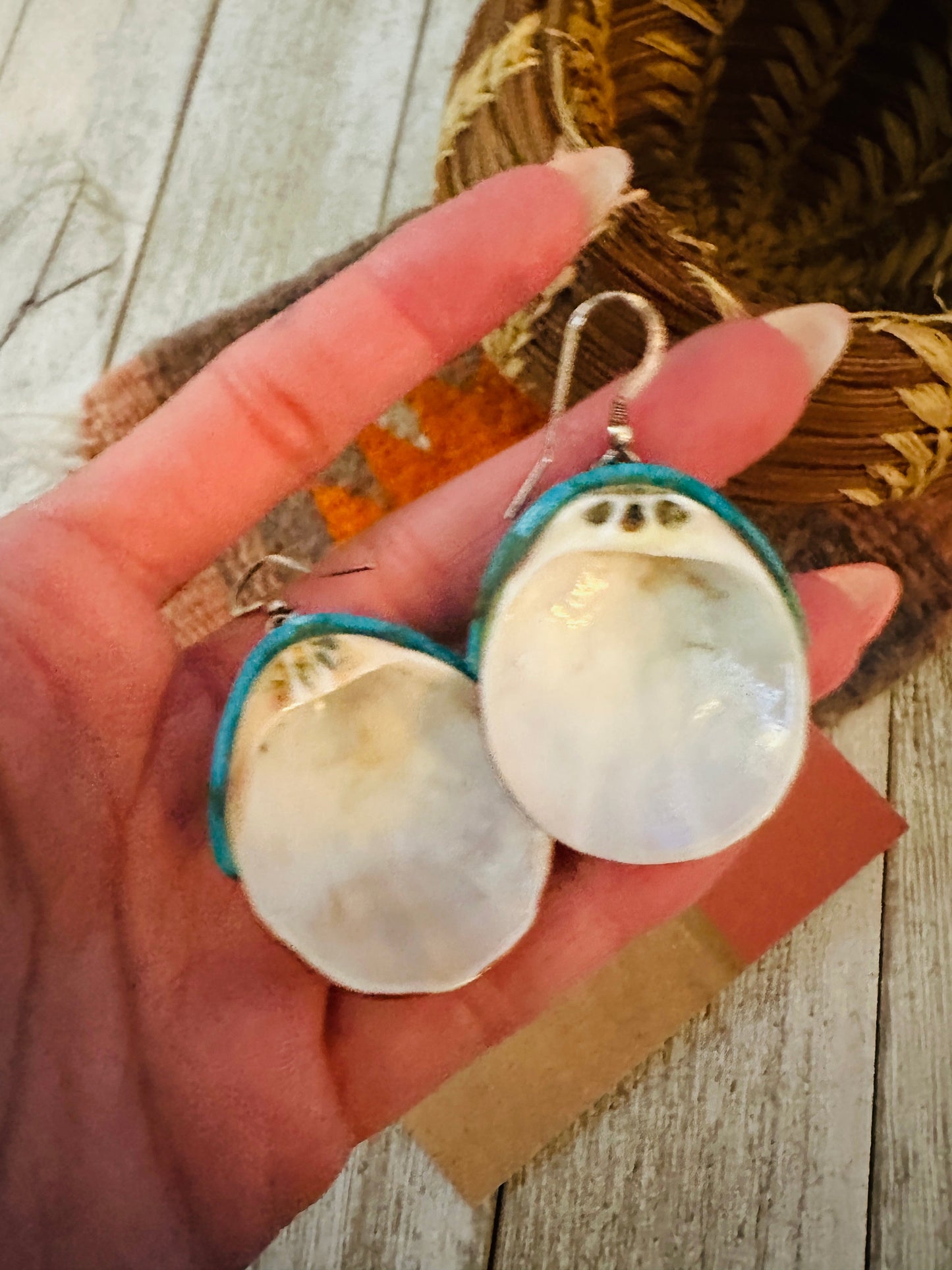 Handcrafted Multi Stone Inlay Shell Dangle Earrings