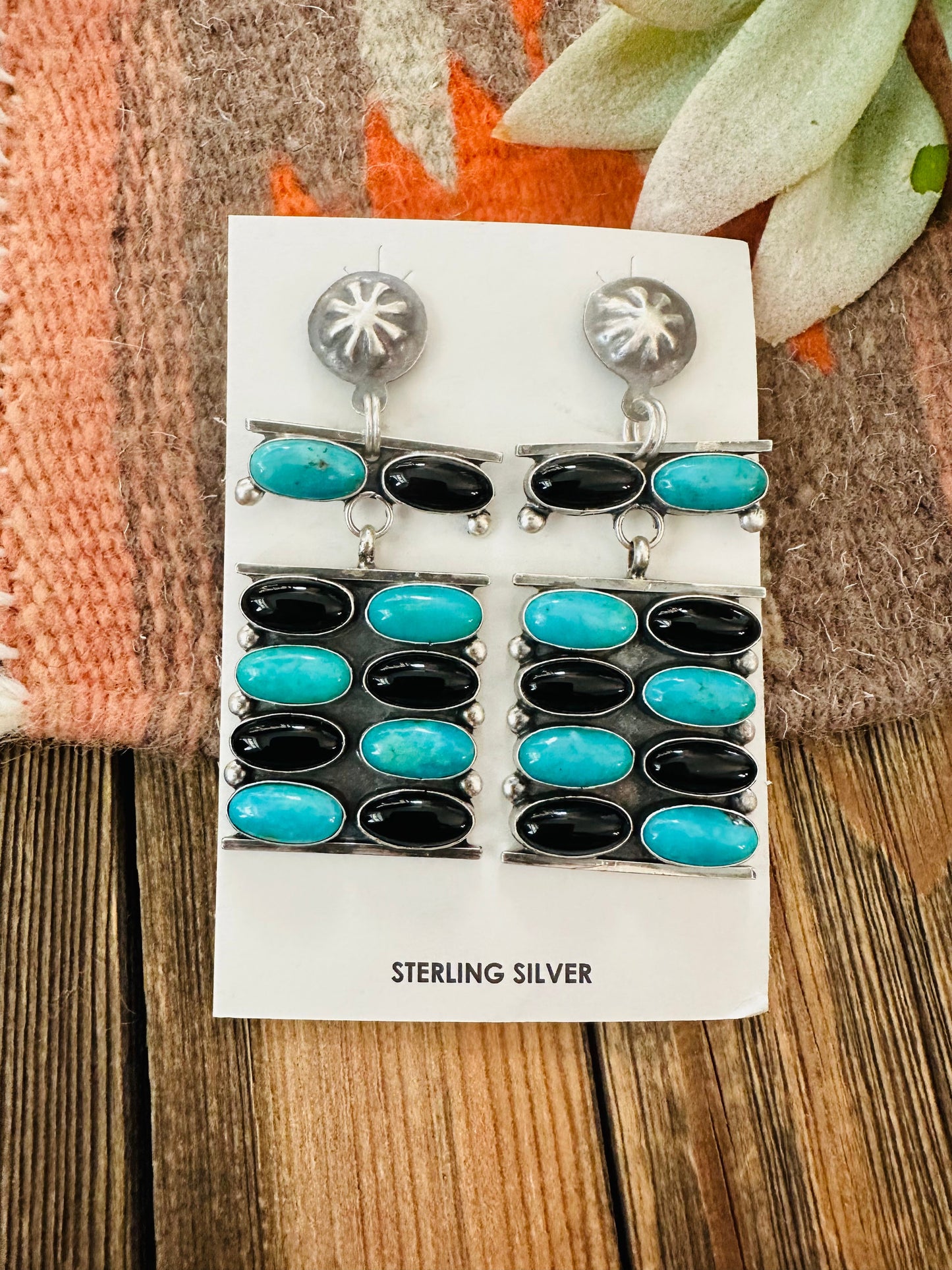 Handcrafted Turquoise, Onyx & Sterling Silver Dangle Earrings