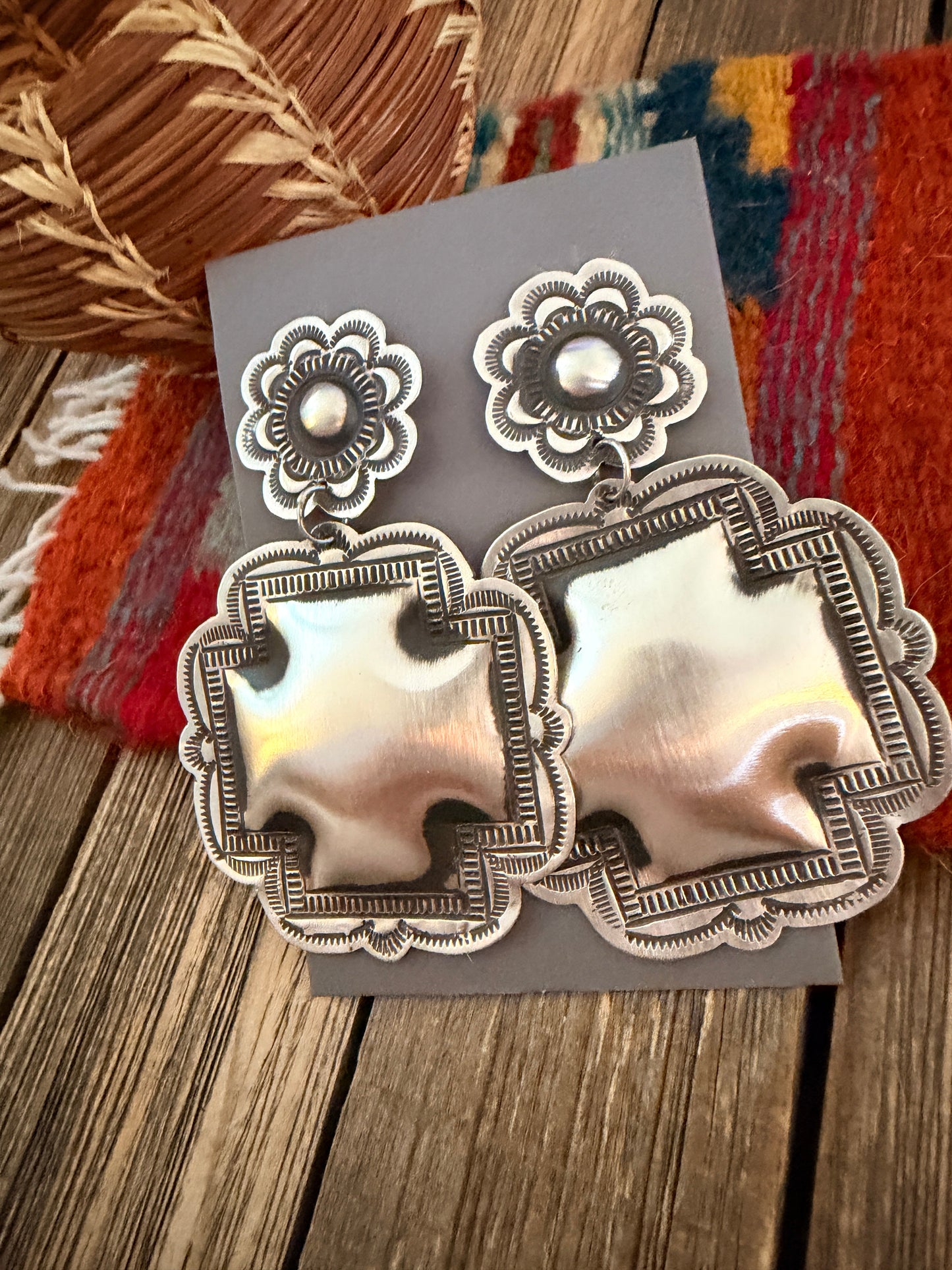 Handcrafted Sterling Silver Concho Cross Dangle Earrings by Leander Tahe