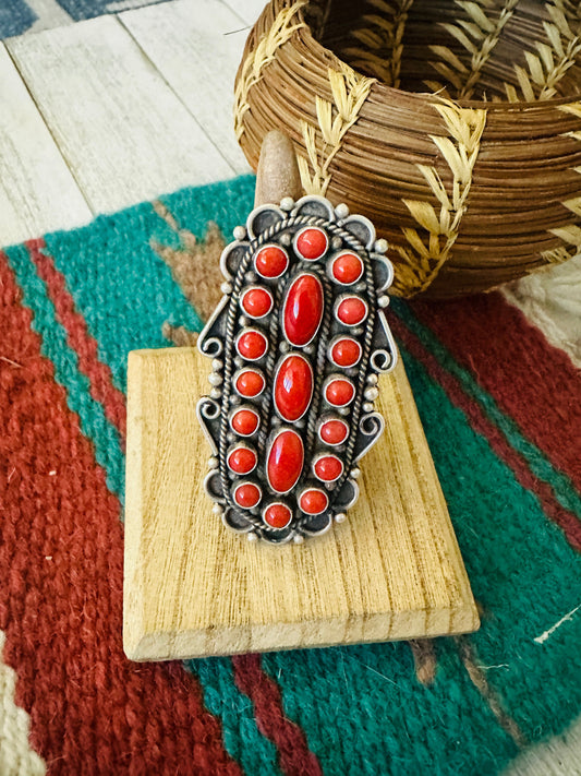 Handcrafted Sterling Silver and Coral Cluster Ring