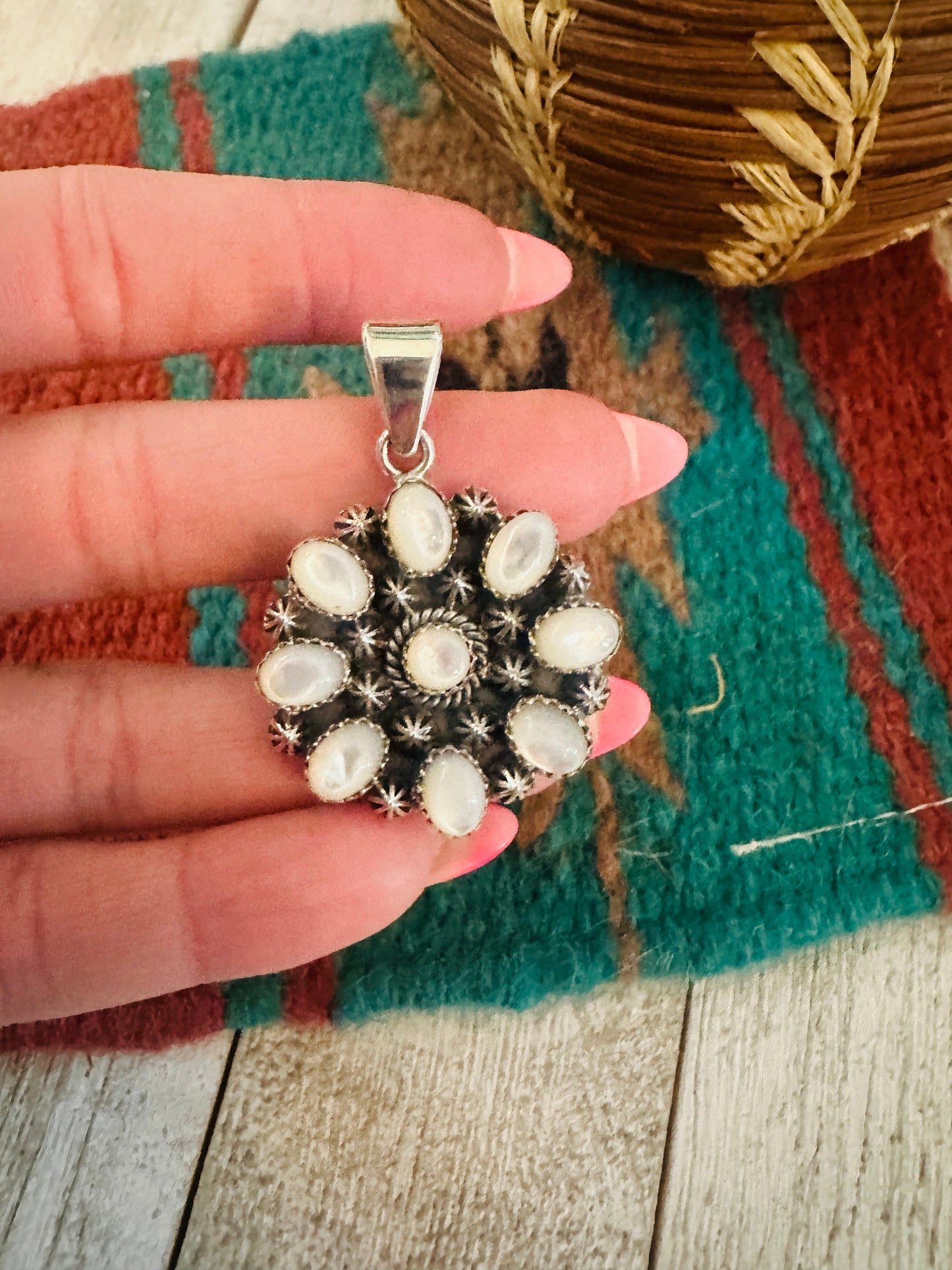 ** Christmas Collection ** Handmade Sterling Silver & Mother of Pearl Pendant Signed Nizhoni
