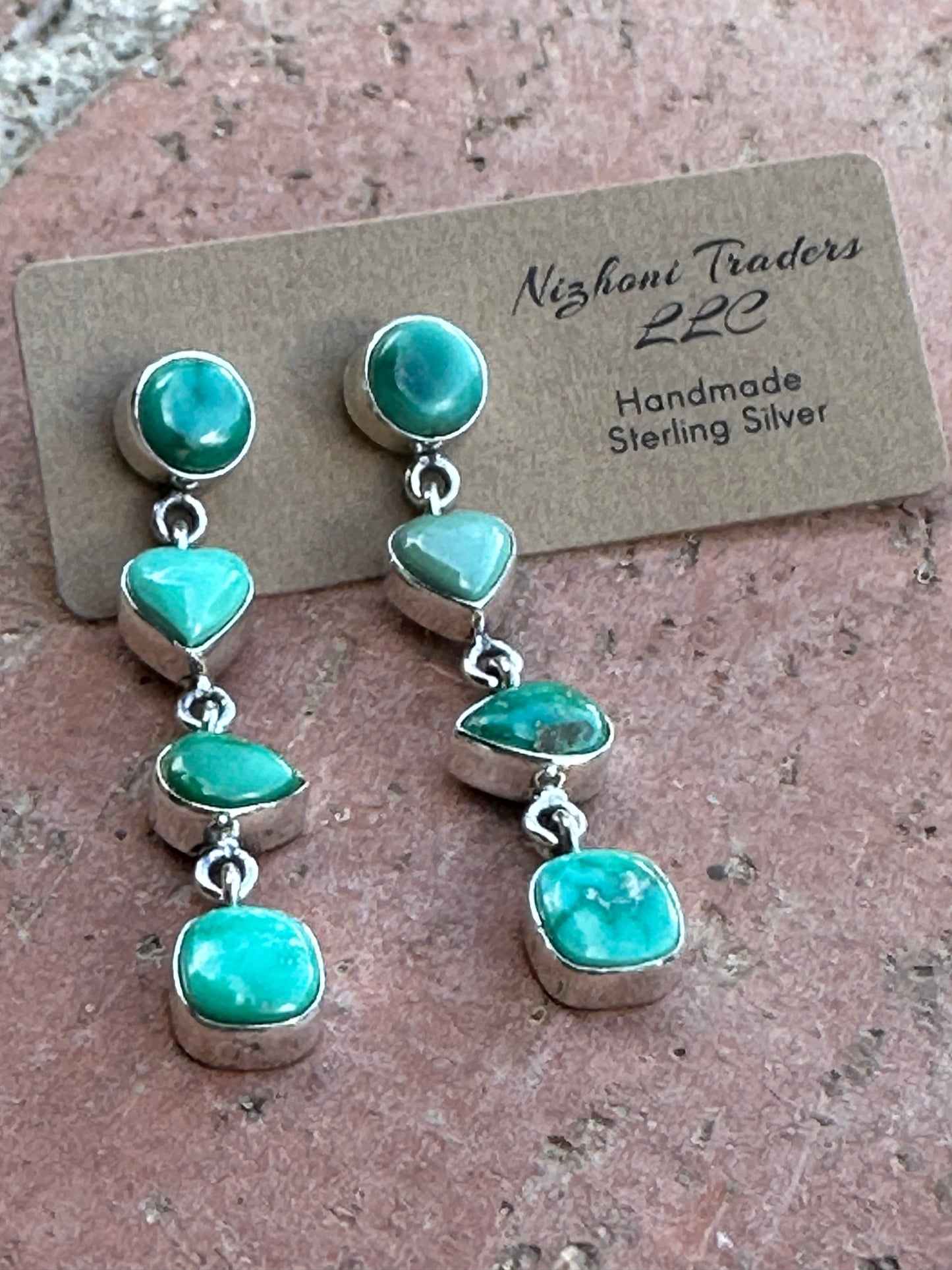 Handmade Emerald Valley Turquoise heart and Sterling Silver 4 Stone Dangles