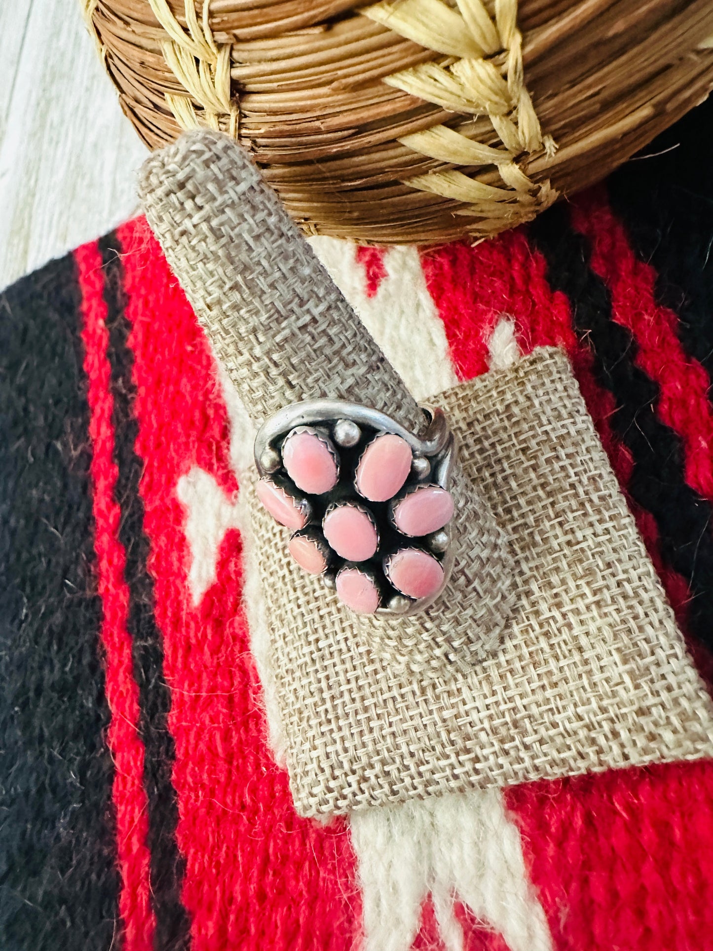 Handcrafted Queen Pink Conch & Sterling Silver Cluster Ring Size 10