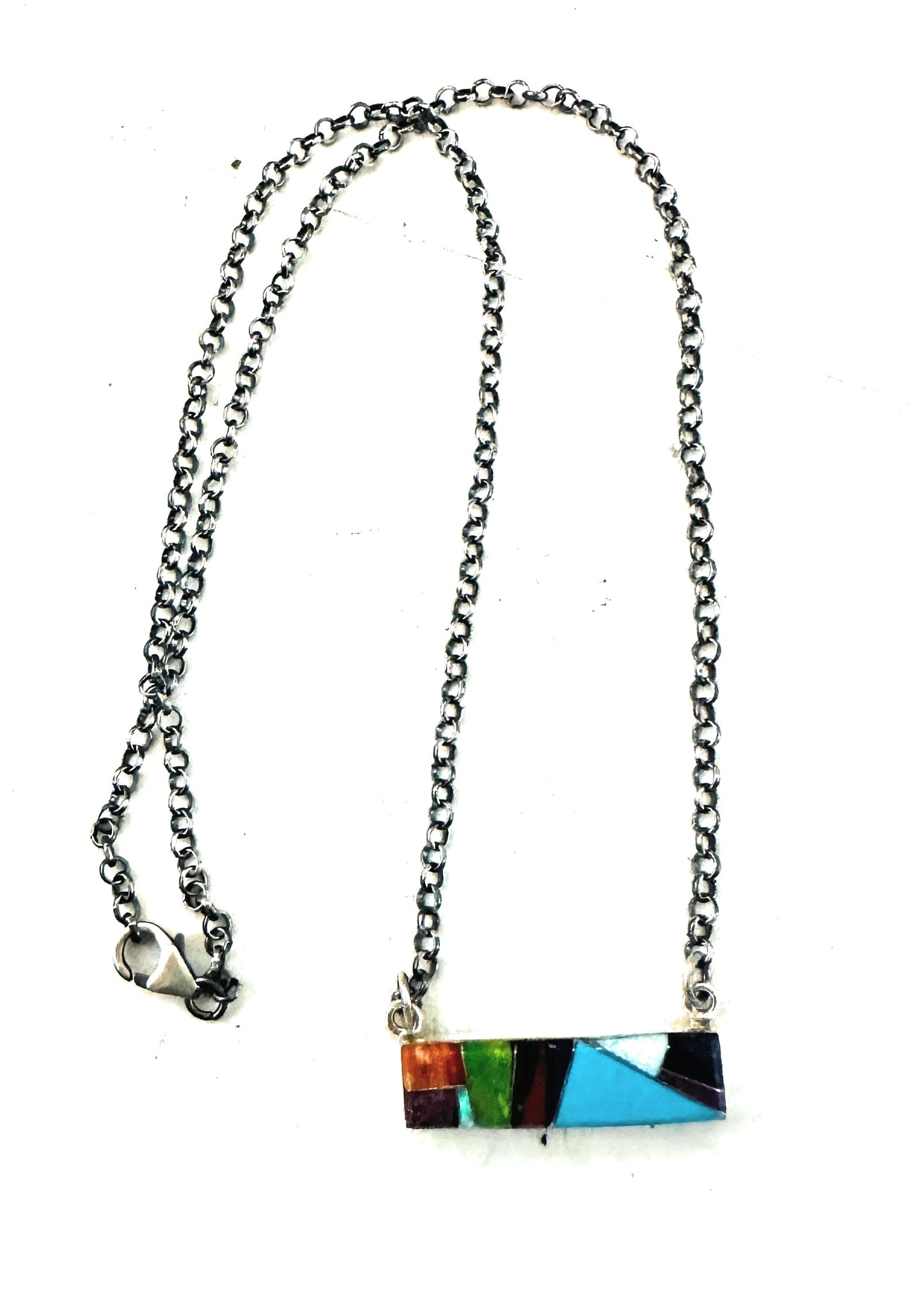 Handcrafted Multi Stone & Sterling Silver Inlay Bar Necklace