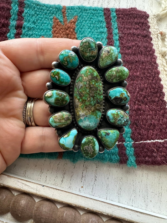 Handcrafted Sonoran Mountain Turquoise & Sterling Silver Ring Size 7.5. Signed TRAVIS J