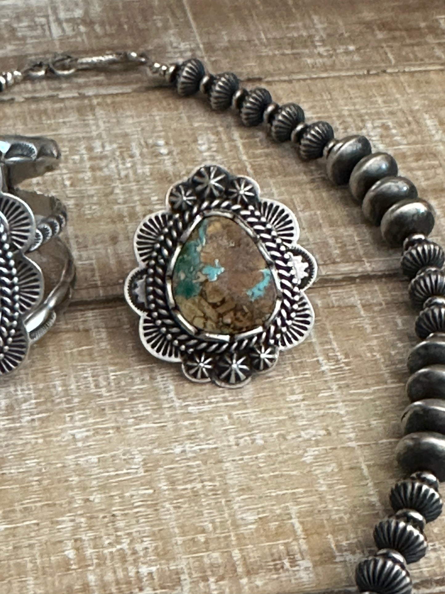 Charles Johnson Handcrafted Ribbon Turquoise & Sterling Silver Necklace, Bracelet and Ring  Set Signed