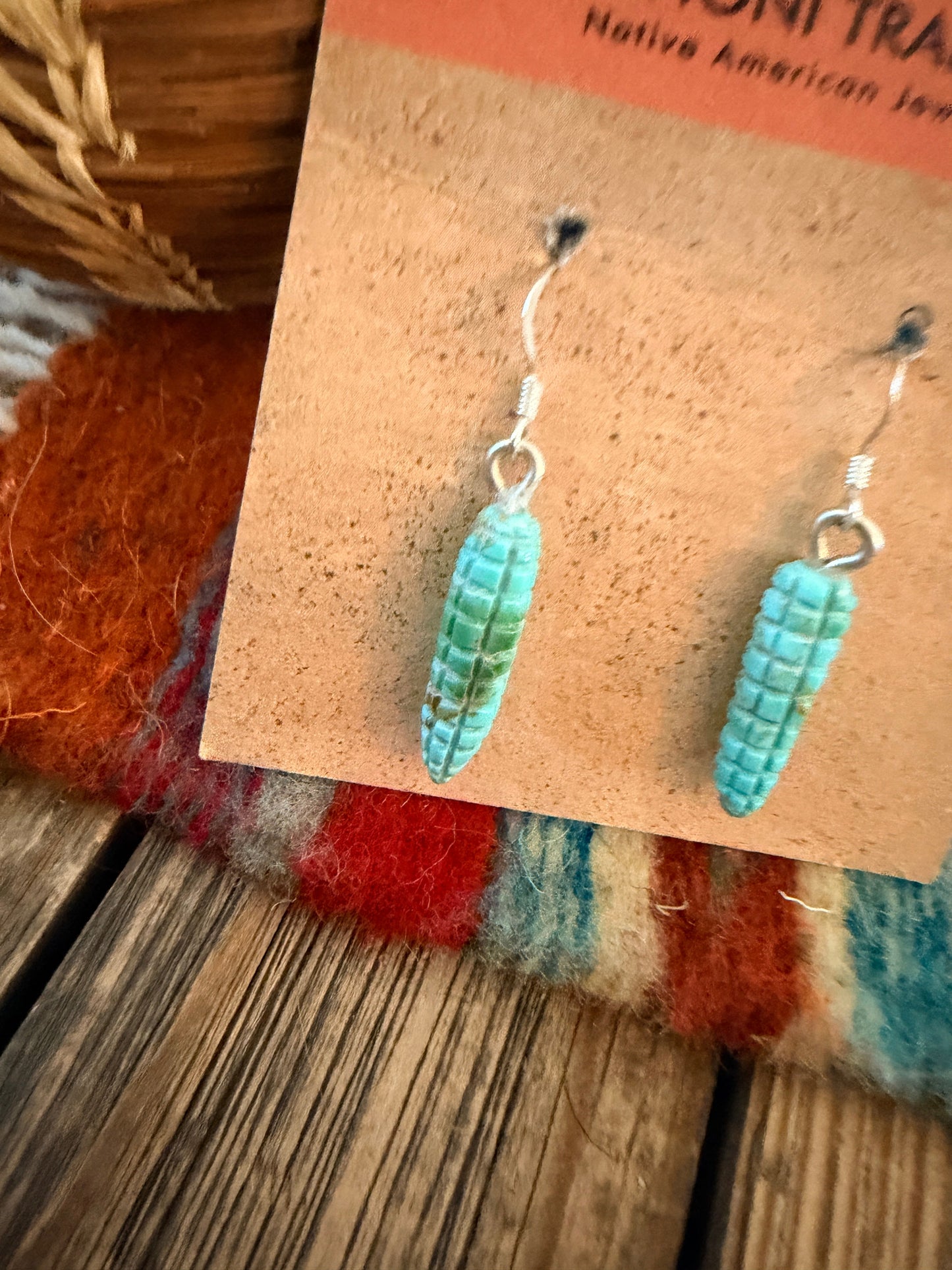 Hand Carved Turquoise Corn Dangle Earrings by Daniel Aguilar