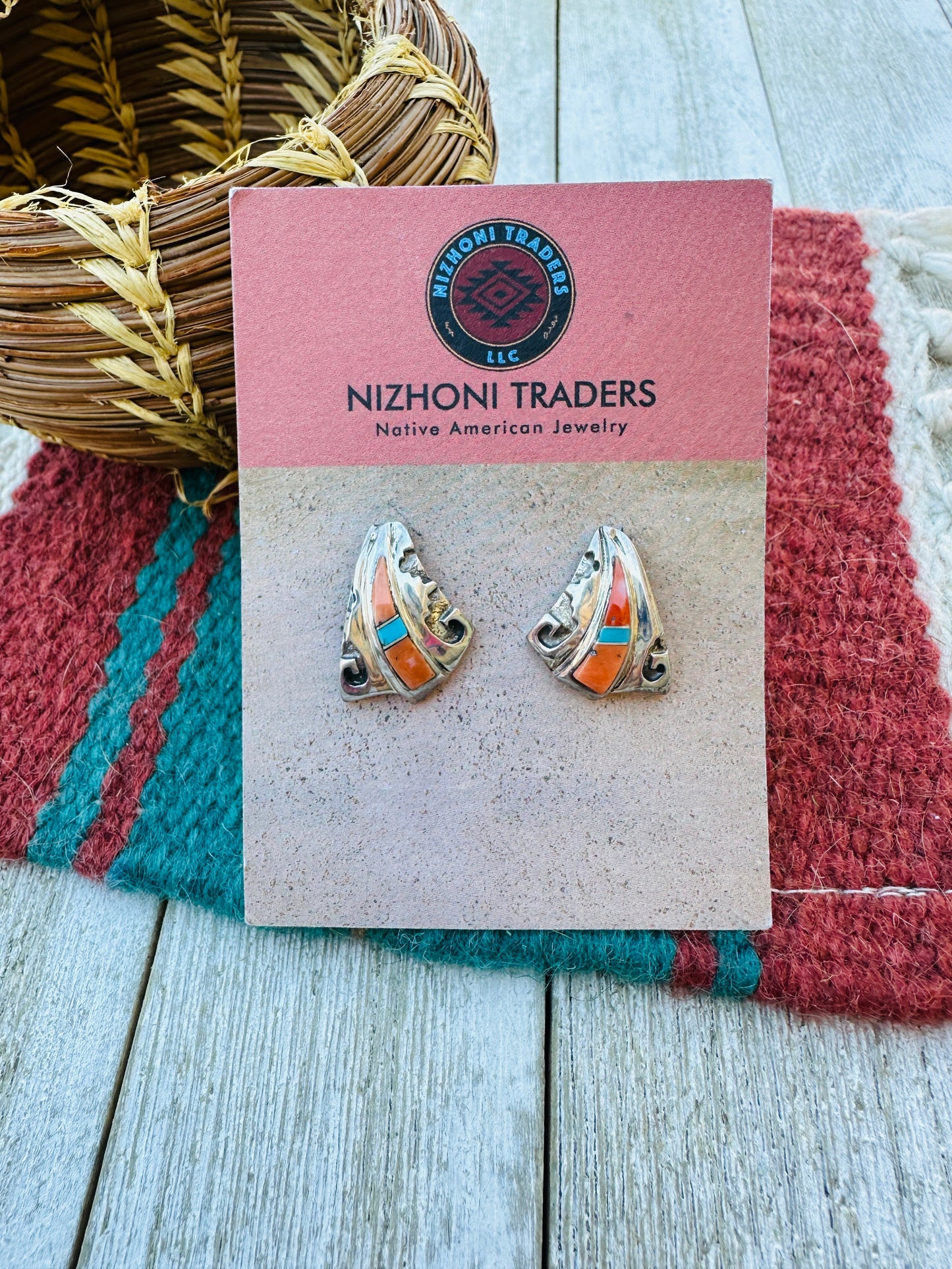 Handcrafted Old Pawn Sterling Silver, Spiny & Turquoise Post Earrings