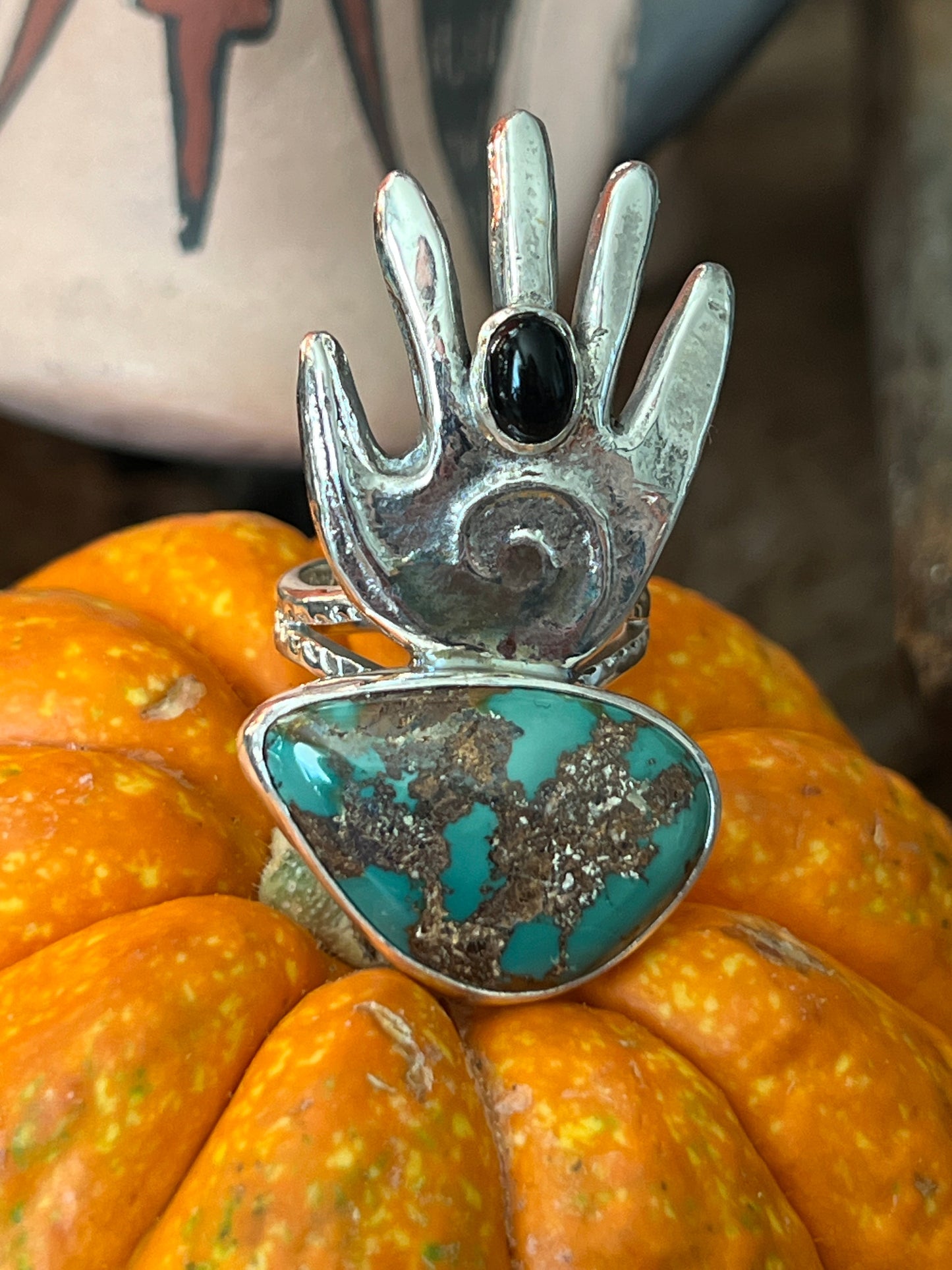 Handcrafted Sterling Silver, Turquoise and Black Onyx Hand Ring by Jay Coriz, Size 8