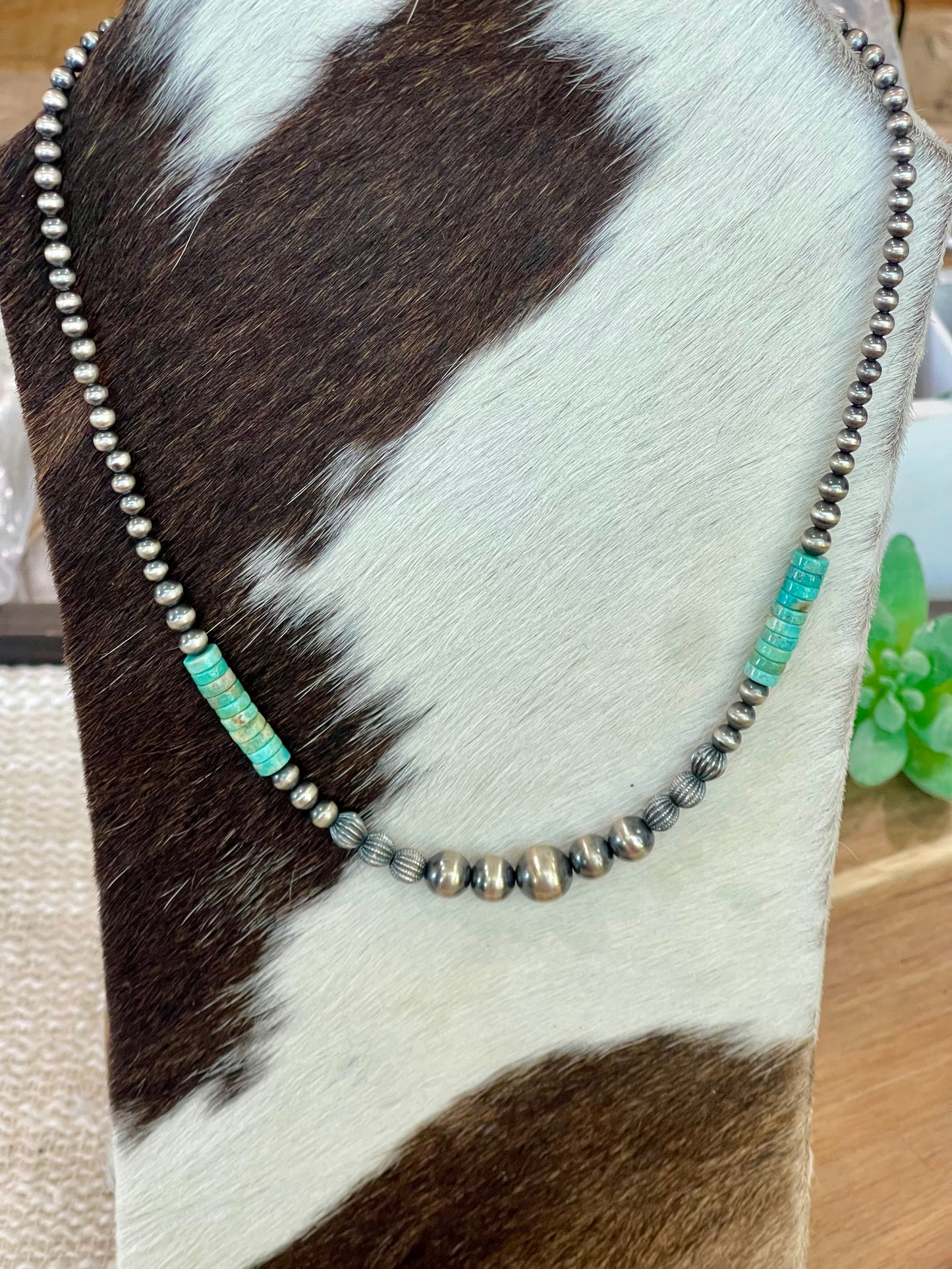 Handmade Sterling Silver with Kingman Turquoise Beaded Necklace with Signed Nizhoni 18” w/ extender