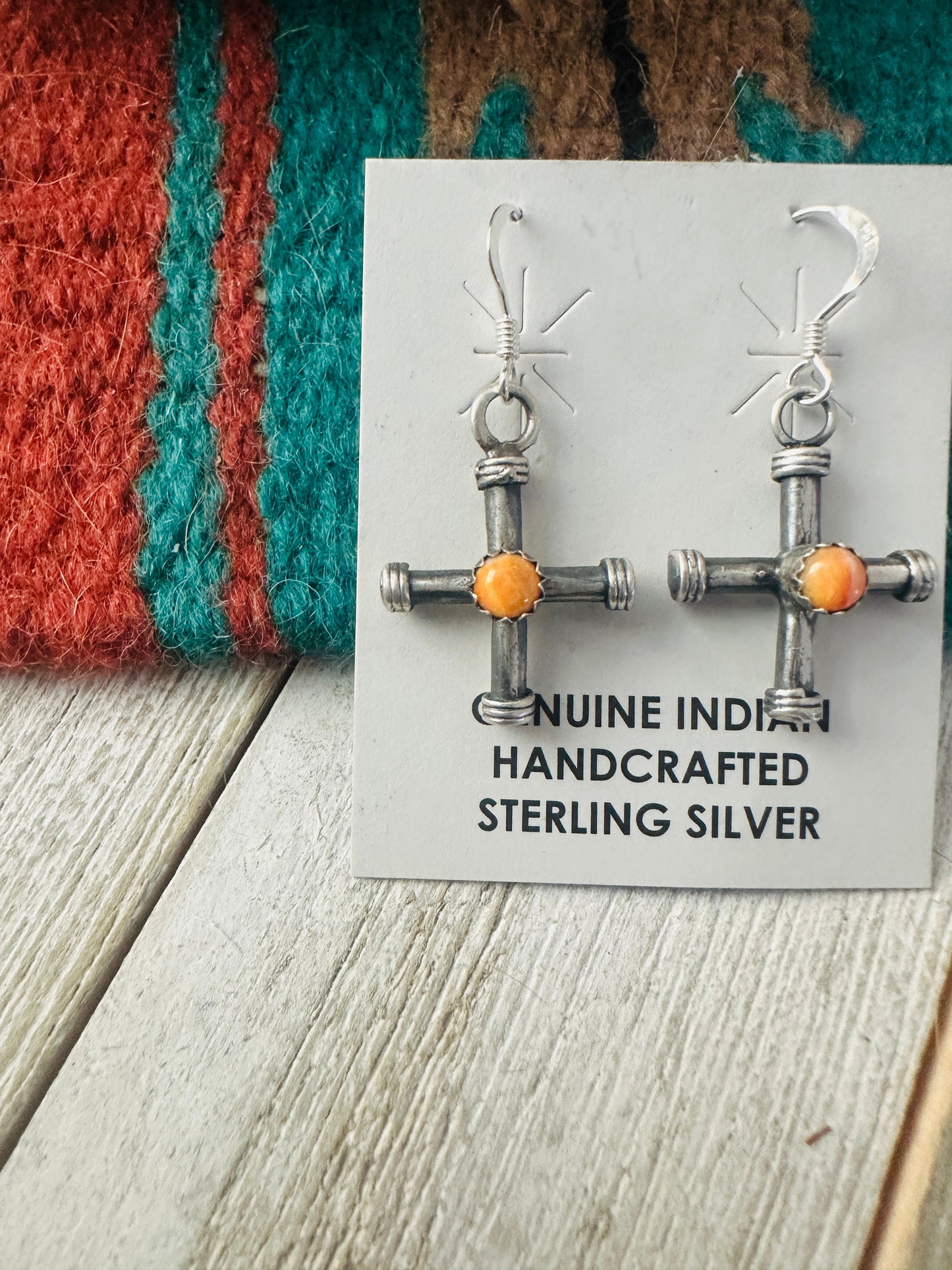 Handcrafted Sterling Silver & Orange Spiny Cross Dangle Earrings