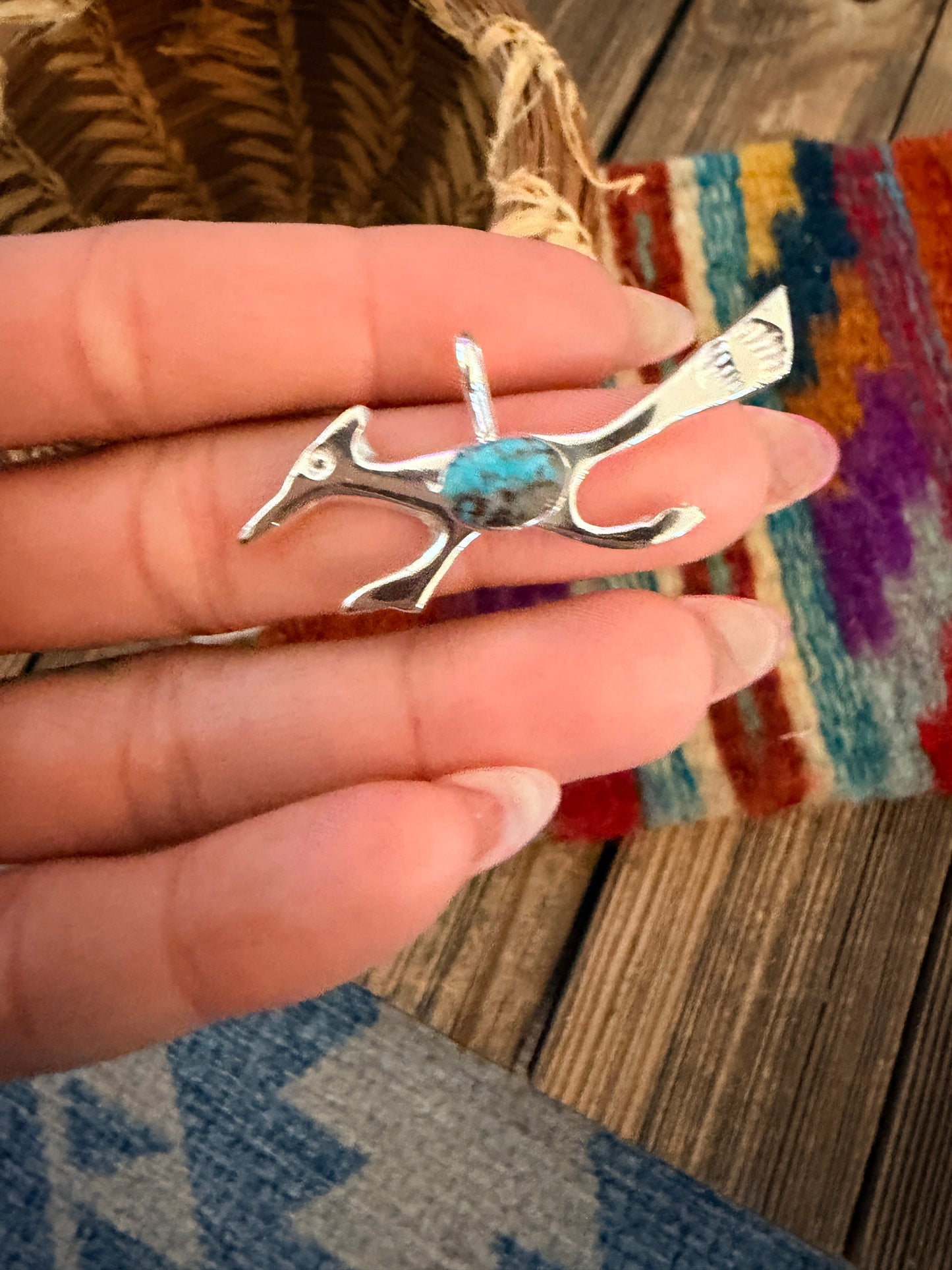 Handcrafted Sterling Silver & Turquoise Road Runner Pendant by Joseph Martinez