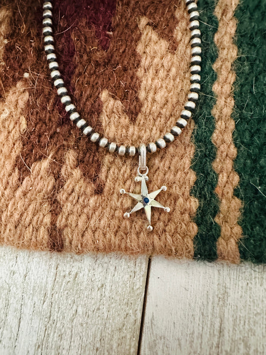 Handcrafted Sterling Silver, Mother of Pearl & Lapis Mini Star Pendant Signed