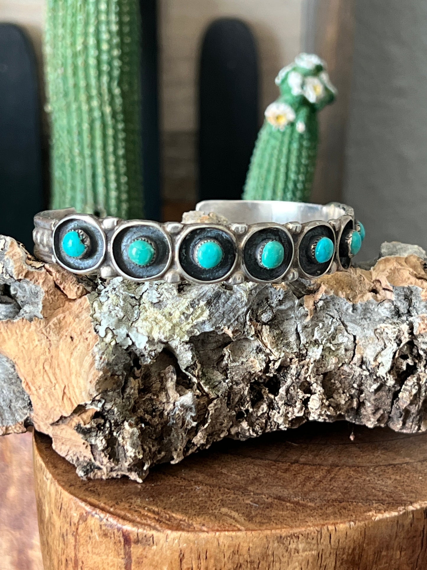 Handcrafted Vintage Sterling Silver and Round Turquoise Panel Stacker Cuff Bracelet