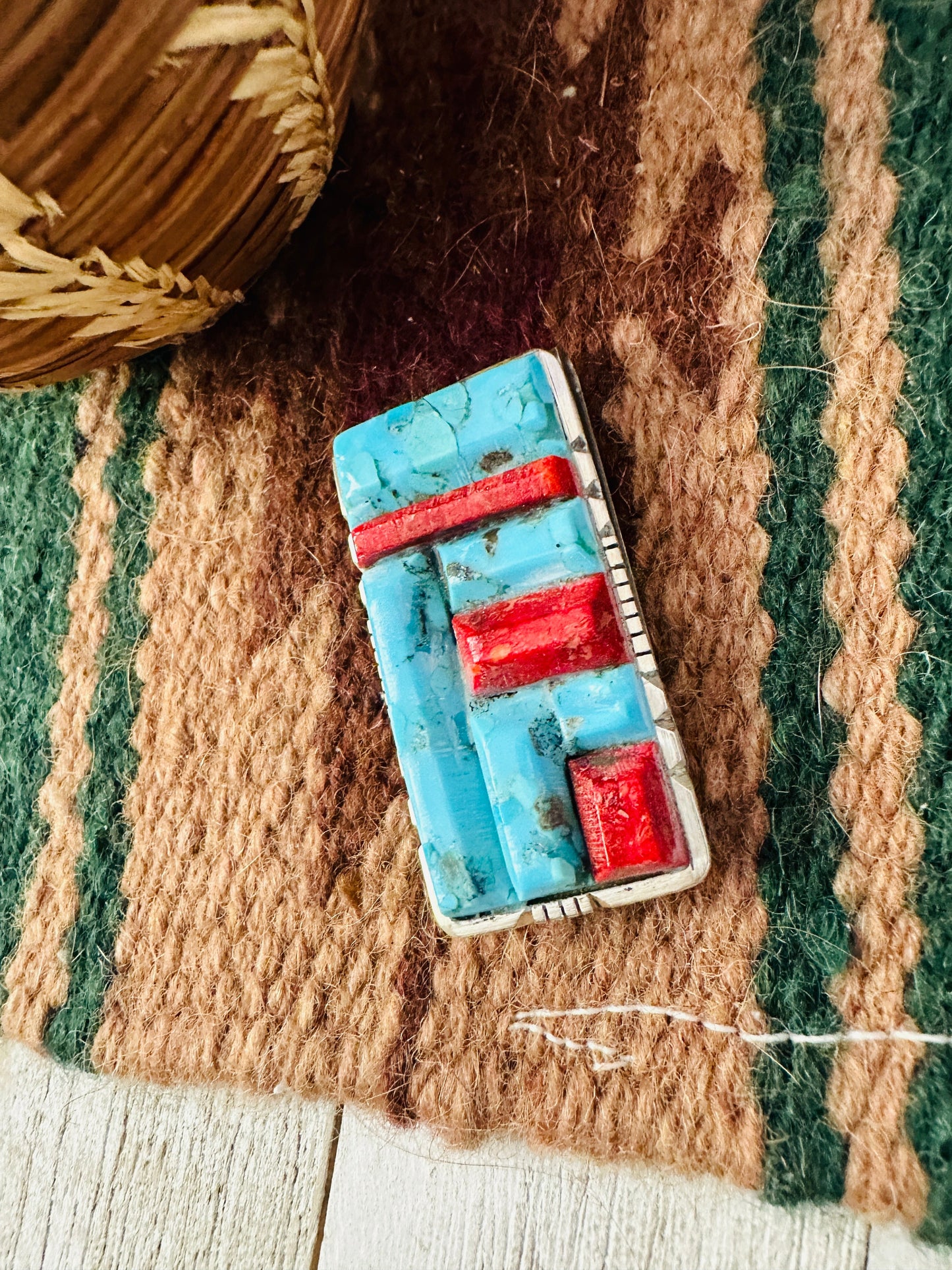 Turquoise, Coral & Sterling Silver Inlay Money Clip