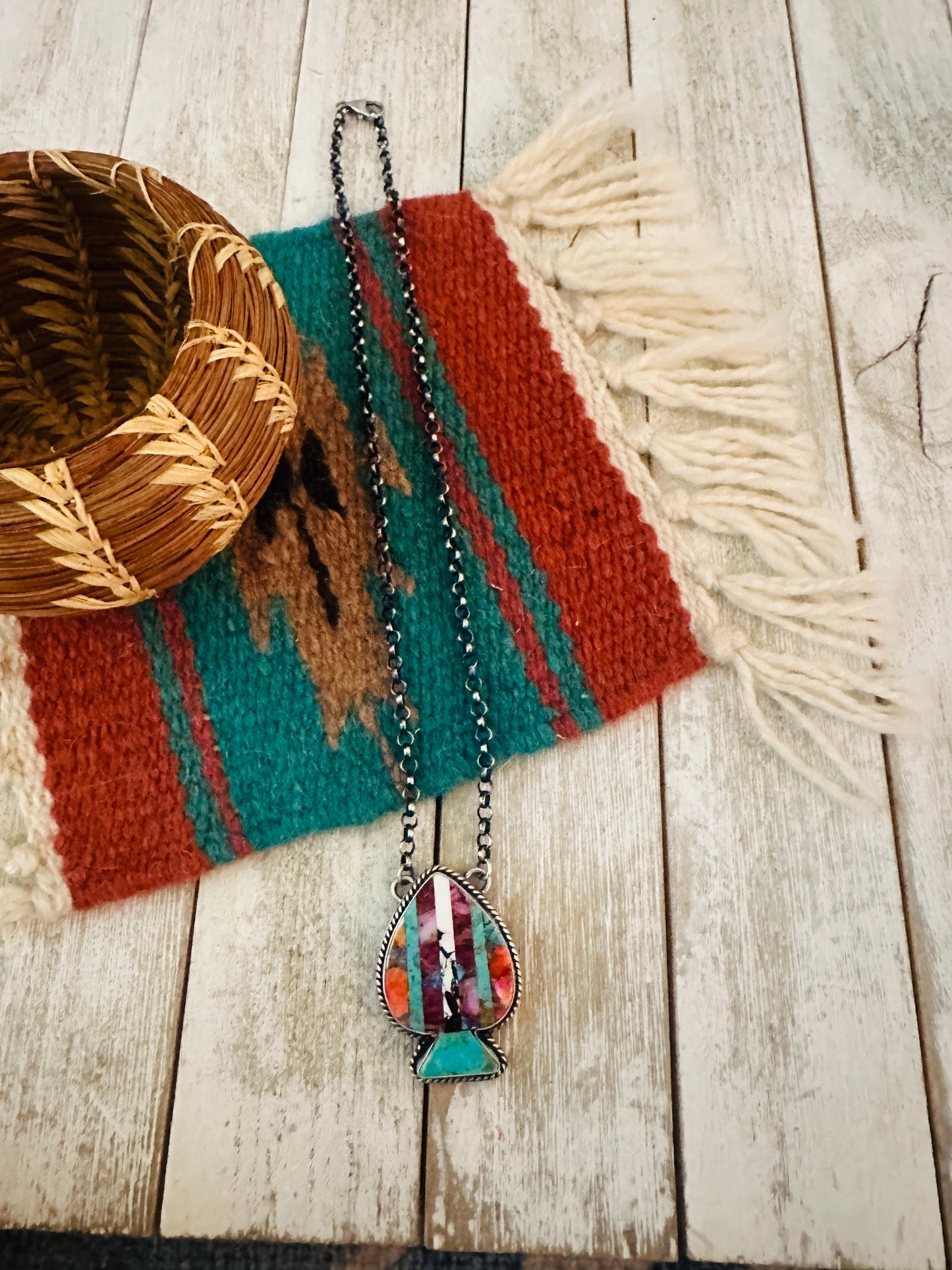 Handcrafted Sterling Silver & Multi Stone Inlay Spade Necklace