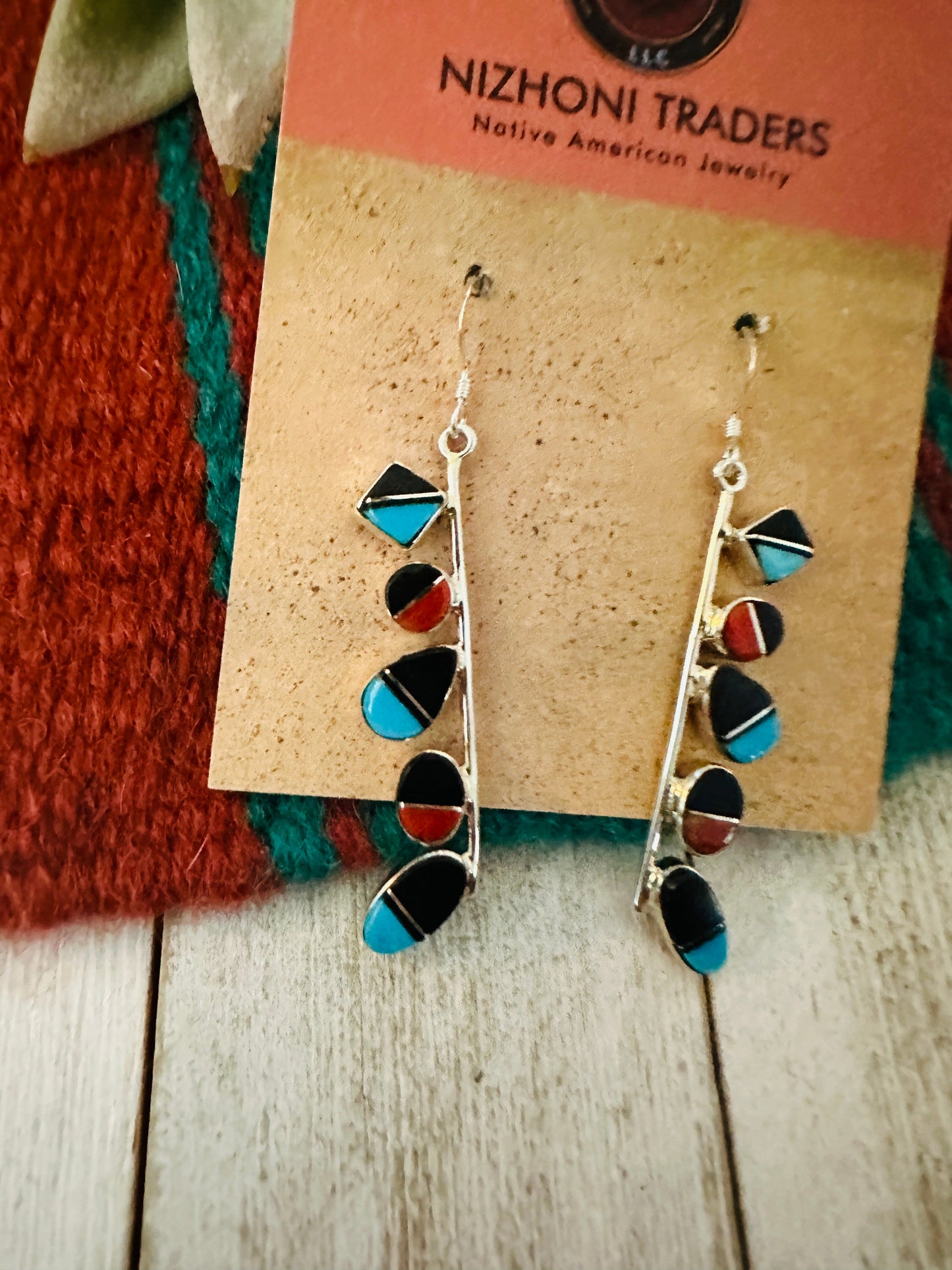 Navajo Multi Stone & Sterling Silver Inlay Dangle Earrings