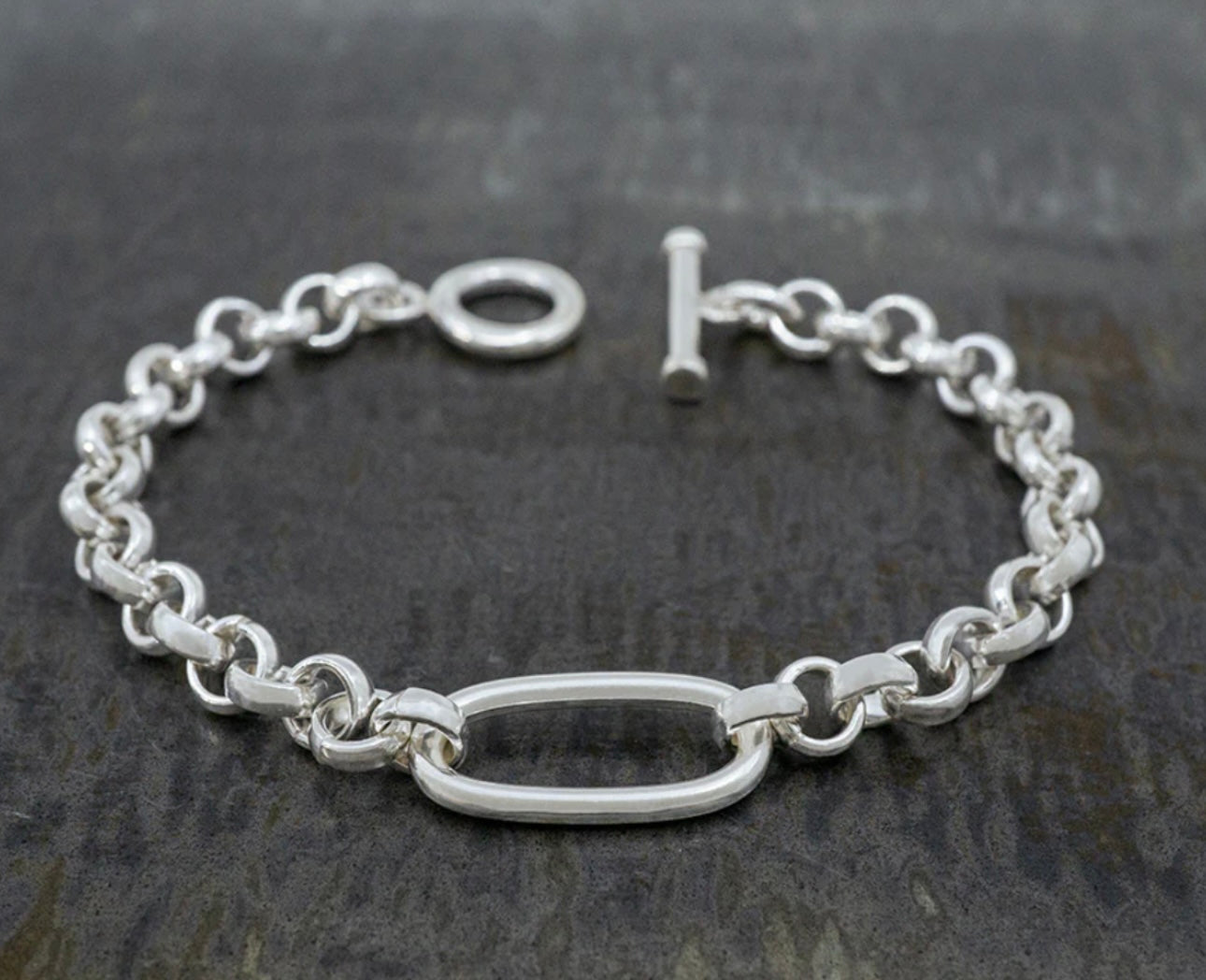 Belcher Chain Sterling Silver Bracelet w/ Oval Center