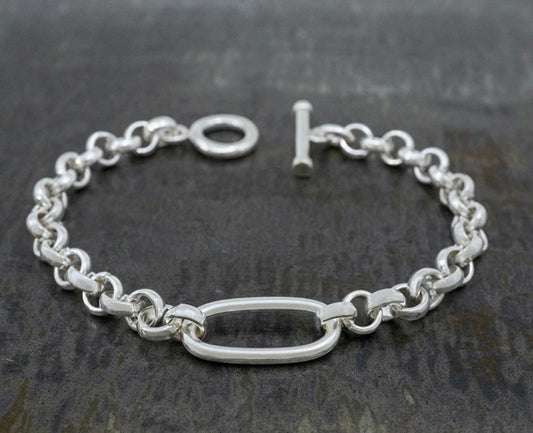 Belcher Chain Sterling Silver Bracelet w/ Oval Center