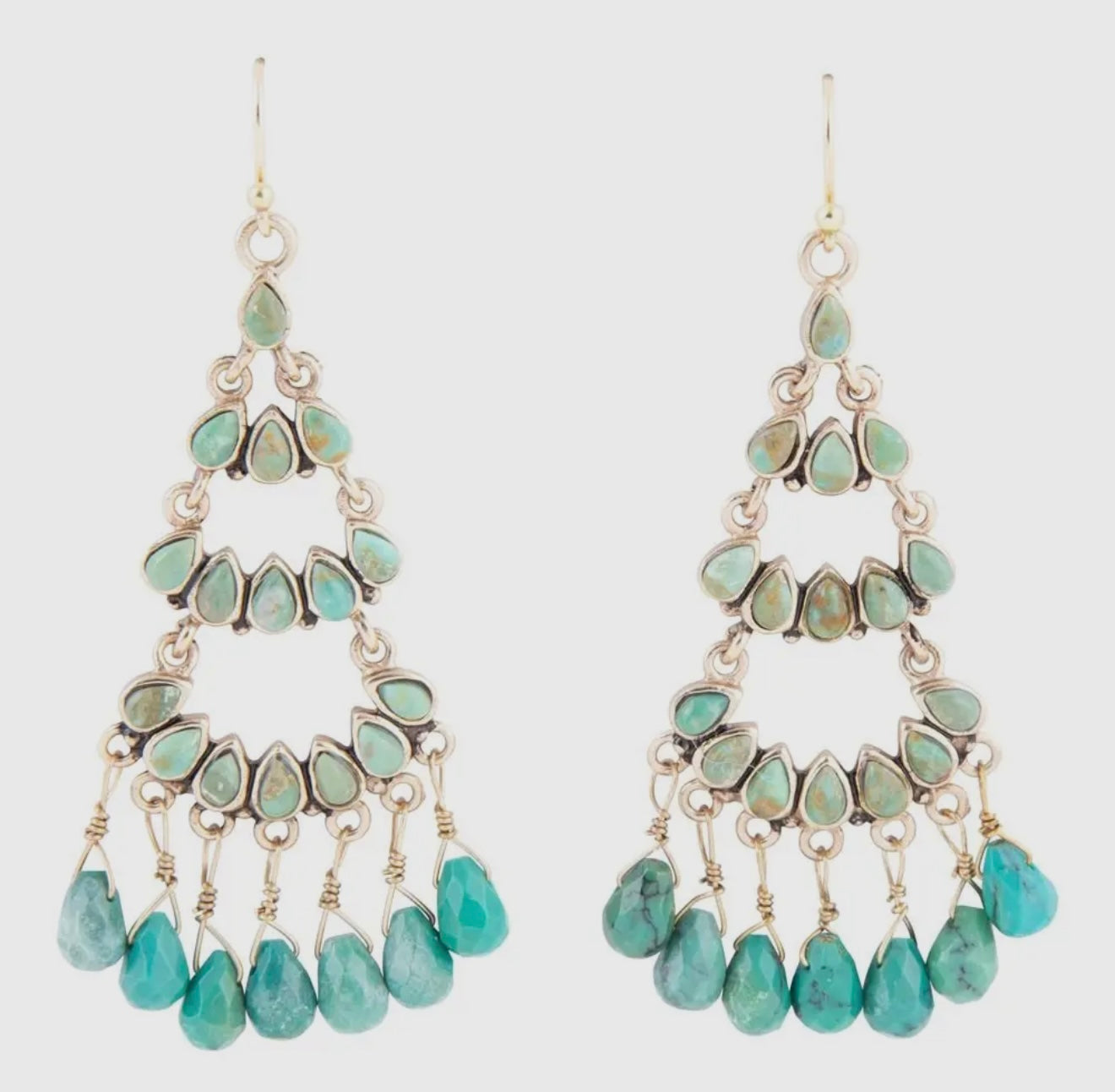 “The Golden Collection” TRIPLE THE BLUE Handmade Gold Plated Sterling Silver & Natural Turquoise Chandelier Earrings