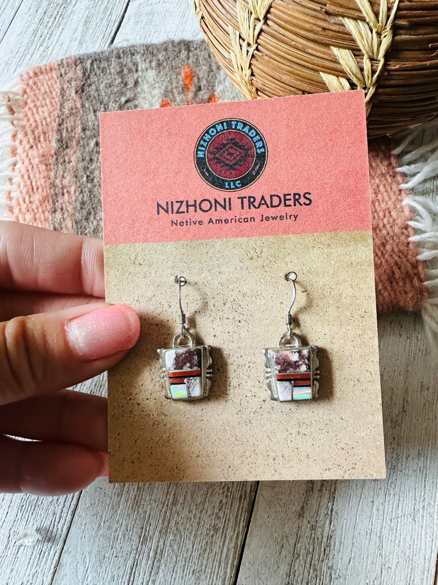 Handcrafted Sterling Silver & Multi Stone Inlay Dangle Earrings