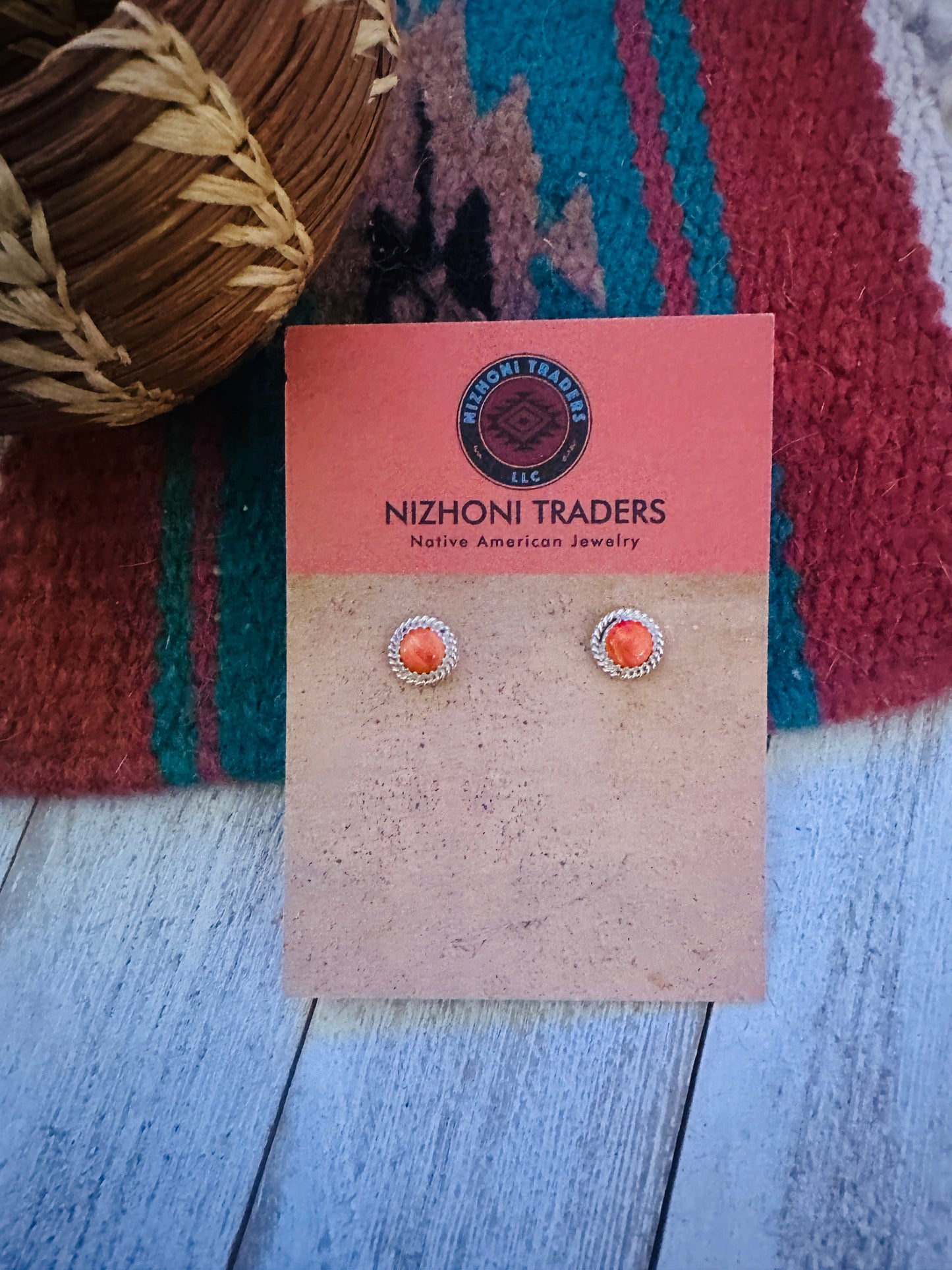 Navajo Orange Spiny and Sterling Silver Stud Earrings