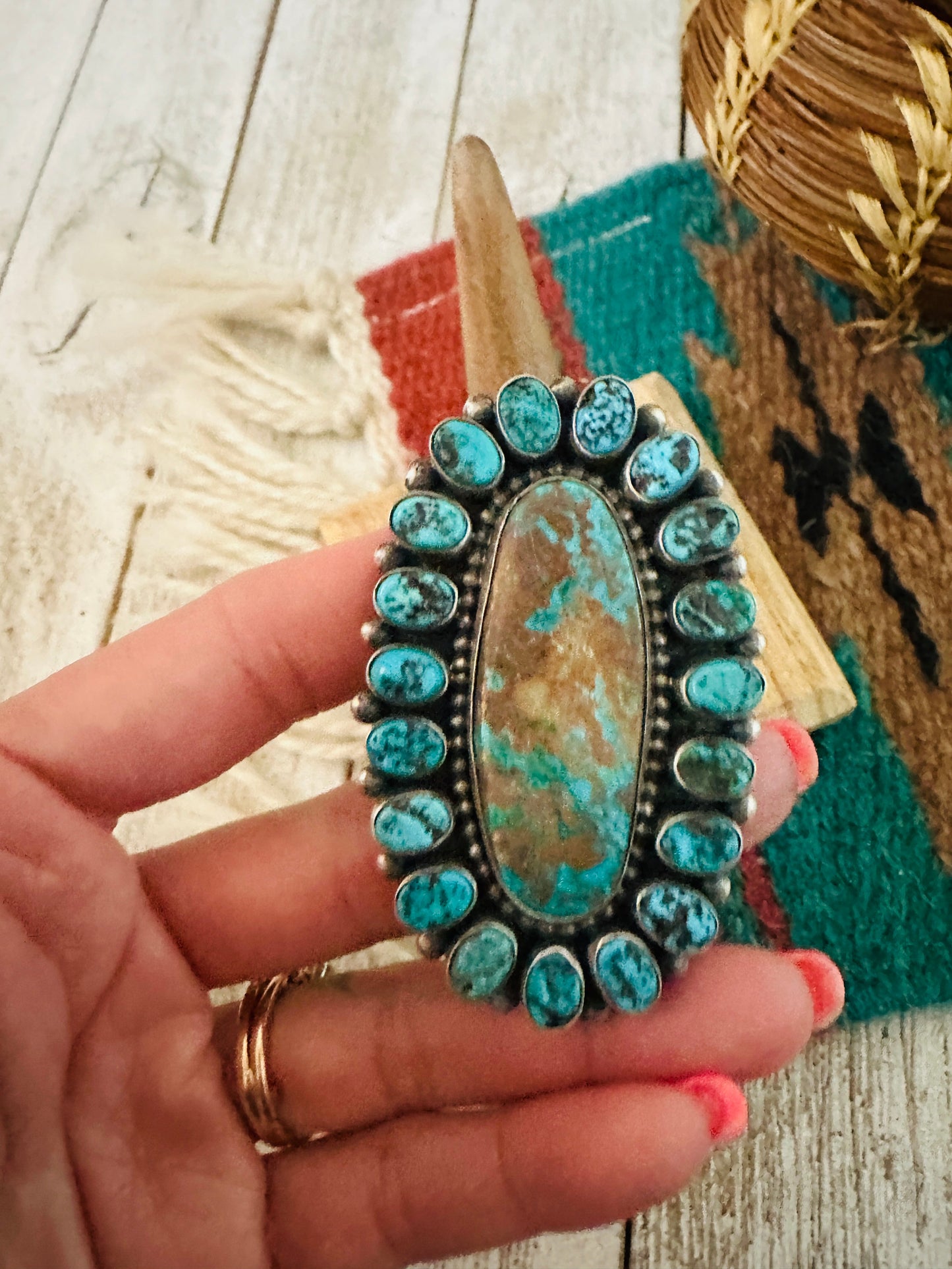 Handcrafted Turquoise & Sterling Silver Cluster Adjustable Ring by Blaine Yellowhorse
