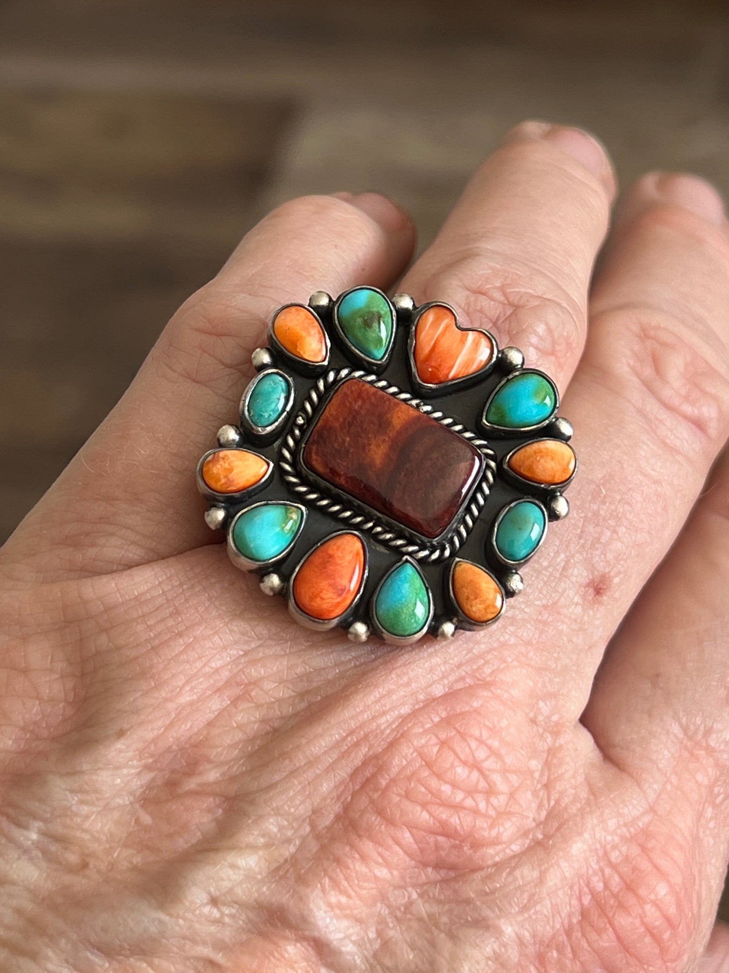 Handcrafted Electric Rainbow Turquoise and Spiny Oyster Ring by Angela Martin and Bernyse Chavez, Size 7.5-8