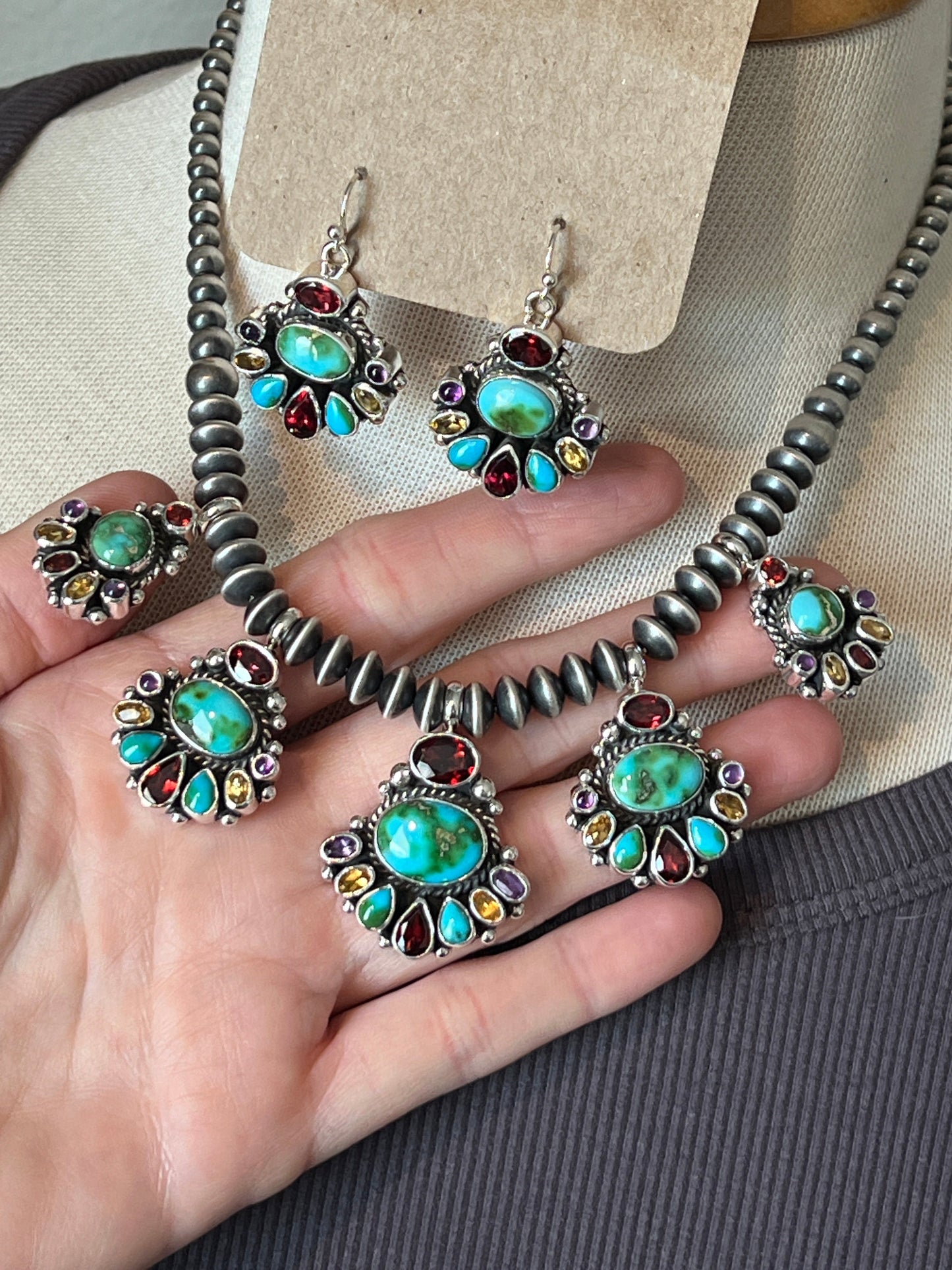 Handcrafted Sterling Silver Gems & Jewels Beaded Cluster Necklace and Earrings Set by Diane Wylie